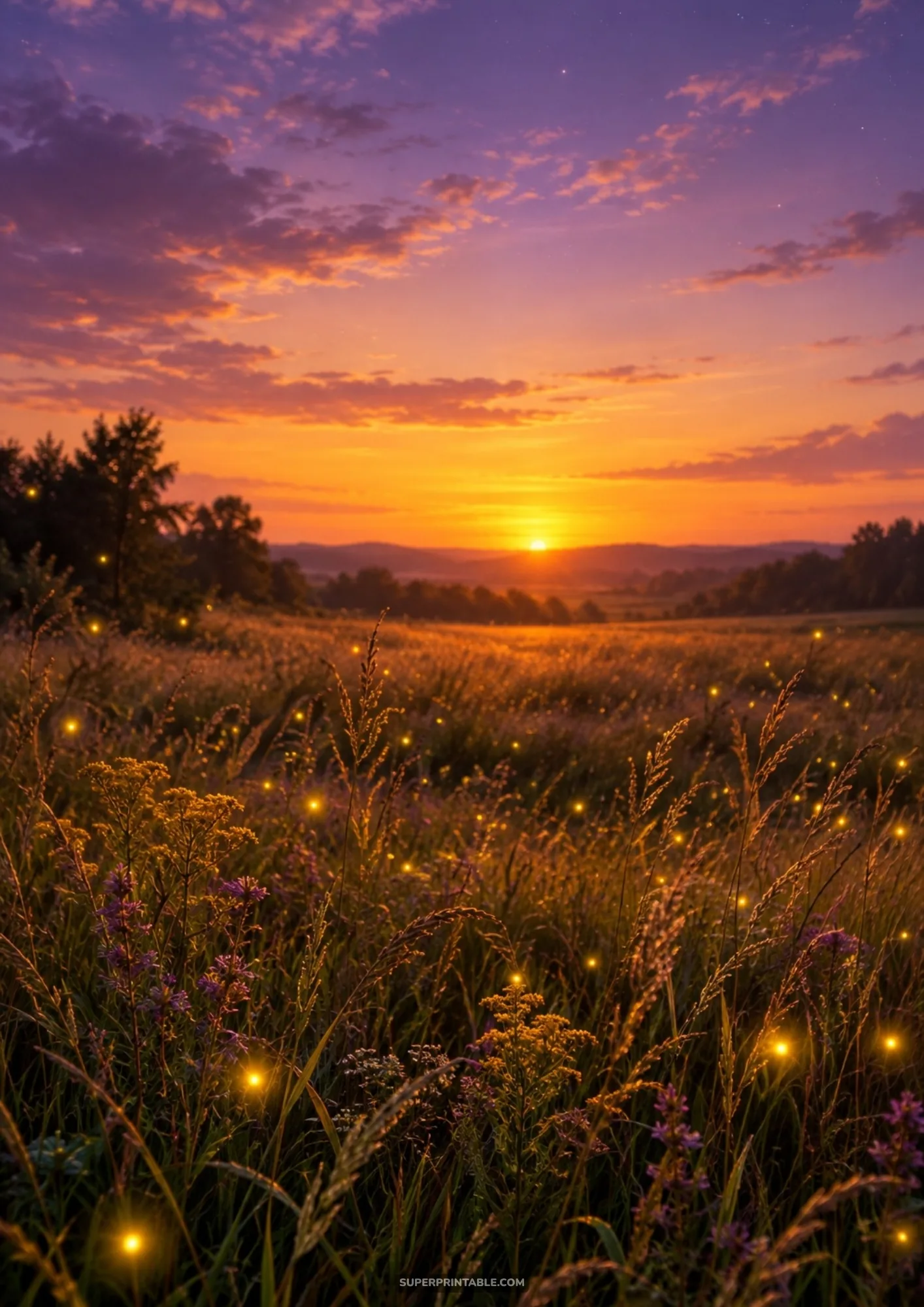 Magical summer dusk meadow glowing with fireflies amidst wildflowers beneath a colorful orange and purple sunset sky