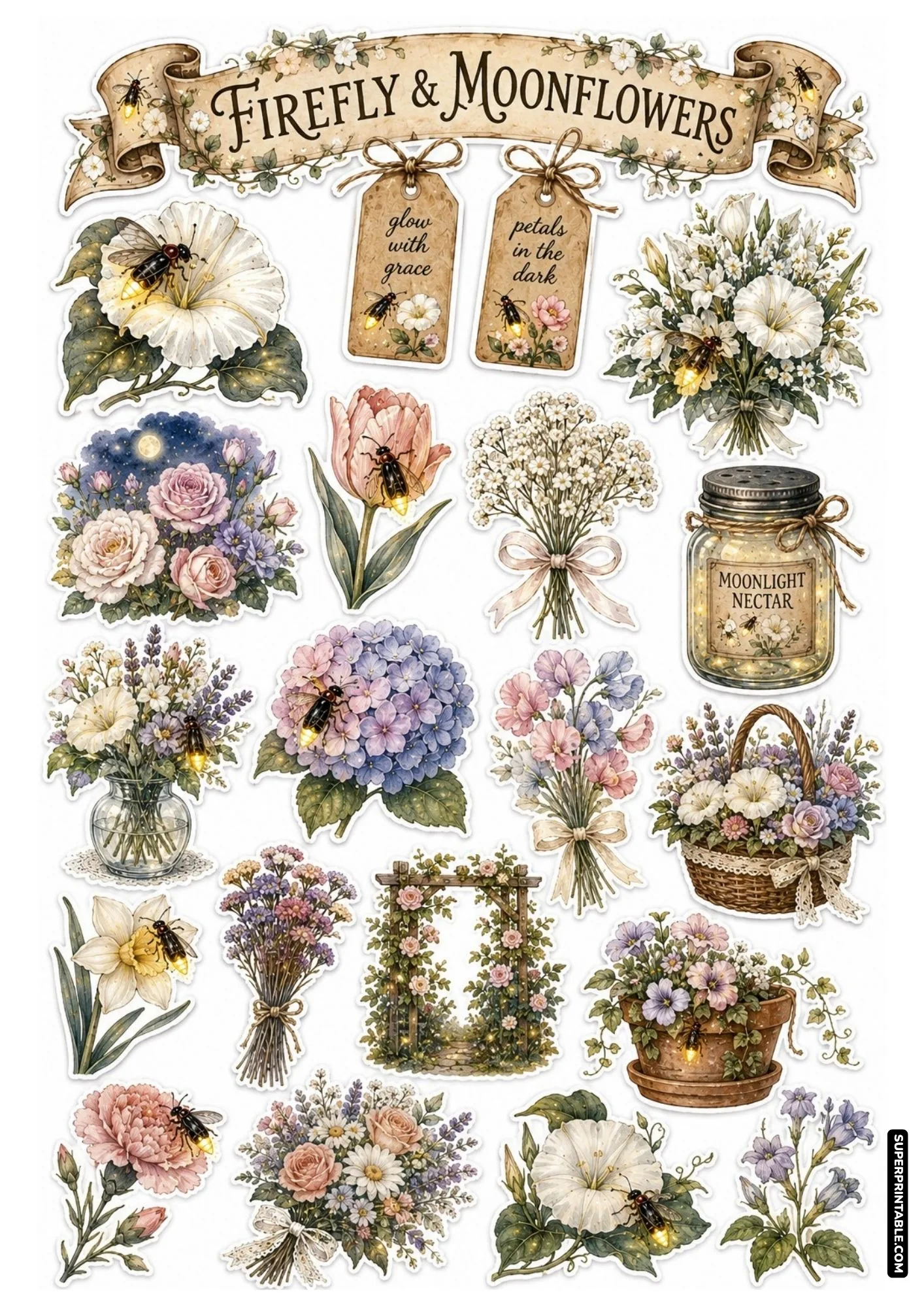 Botanical watercolor sticker sheet with moonflowers, hydrangea bouquets, and glowing fireflies.