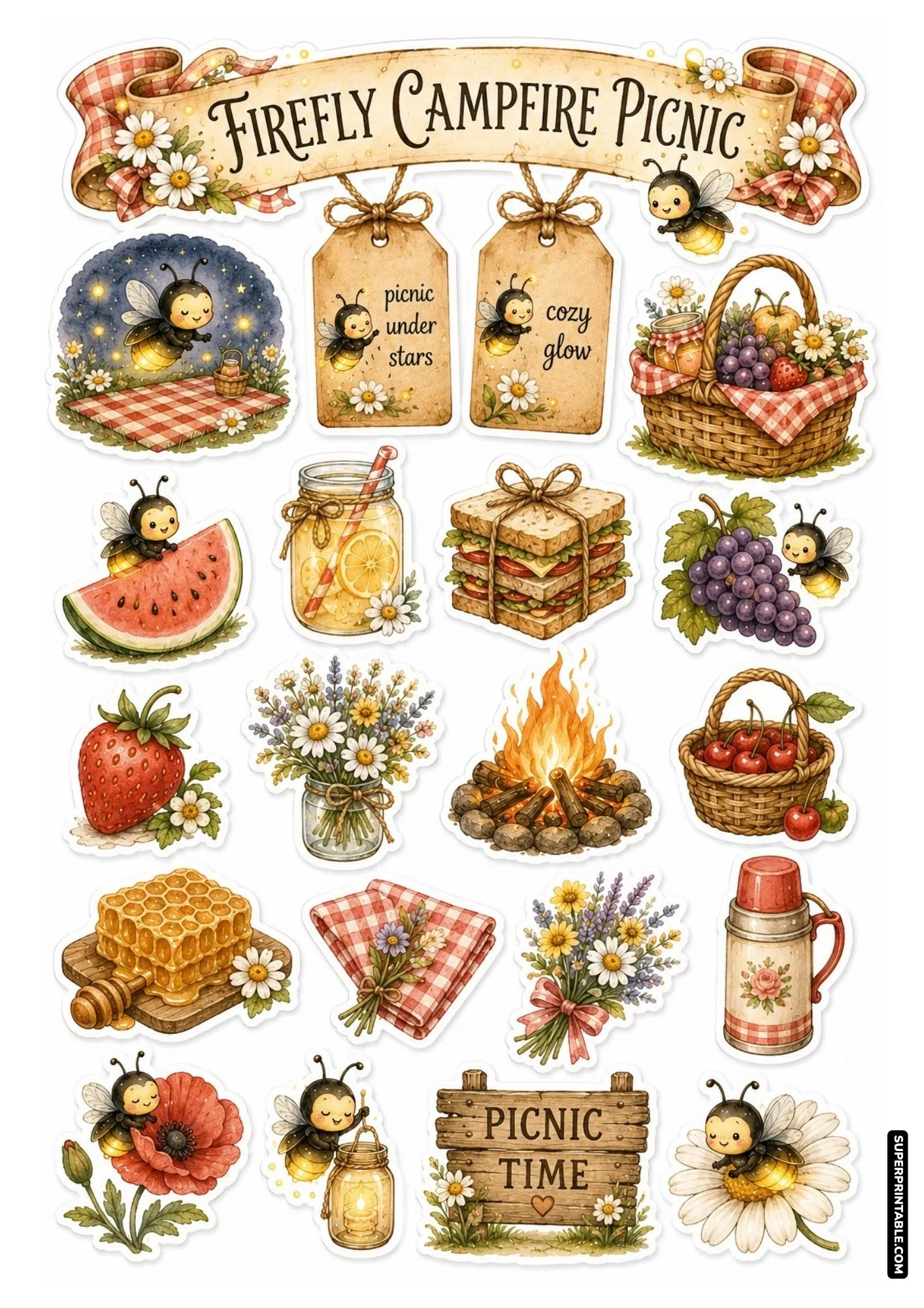 Printable sticker sheet depicting a firefly campfire picnic with fruits, treats, and lanterns.