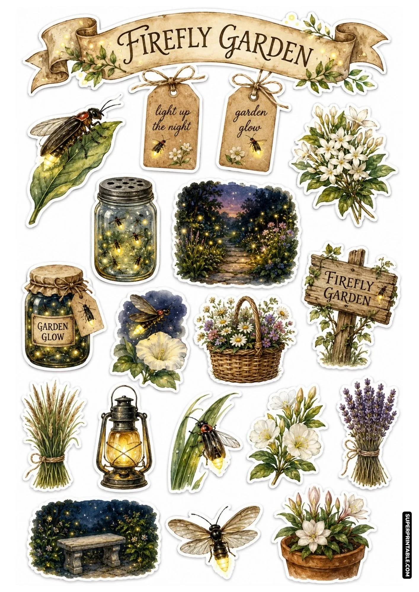 Firefly meadow sticker sheets with glowing mason jars, oil lanterns, and garden path scenery.