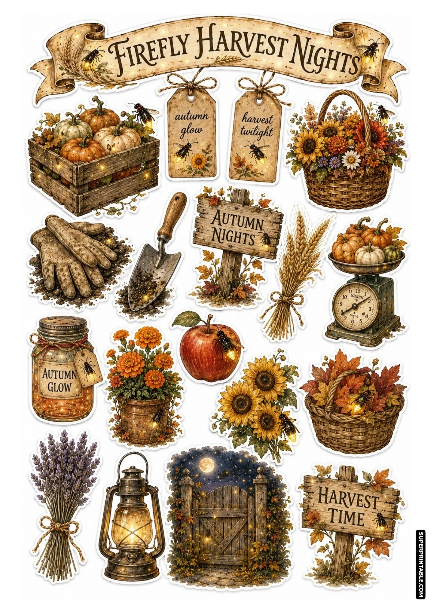 Autumn harvest sticker sheet with pumpkins, sunflowers, fall leaves, and glowing fireflies.