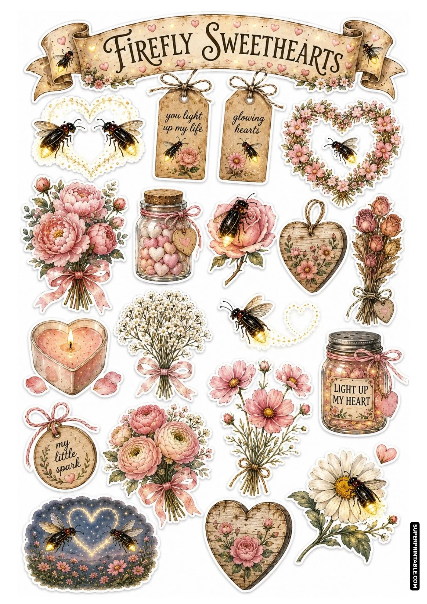Romantic sticker sheet featuring heart wreaths, pink floral bouquets, and glowing fireflies.
