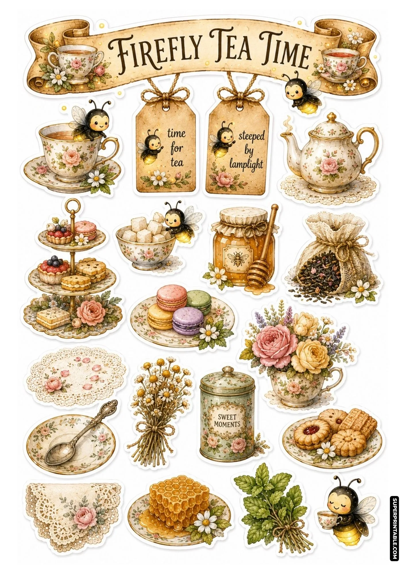 Vintage tea time sticker sheet with teacups, pastries, lace doilies, and cute fireflies.