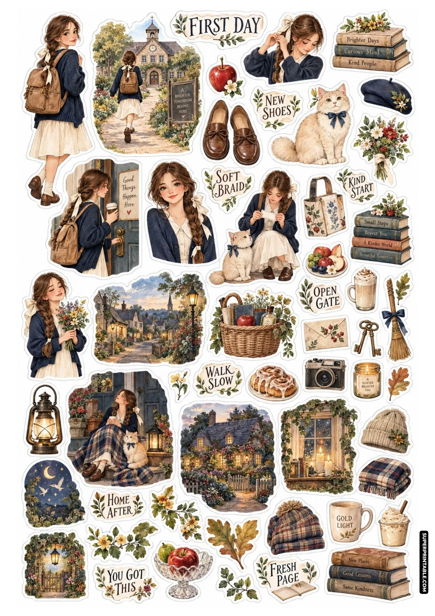 First day school sticker sheets featuring a student walking to class, cottagecore books, and morning tea.