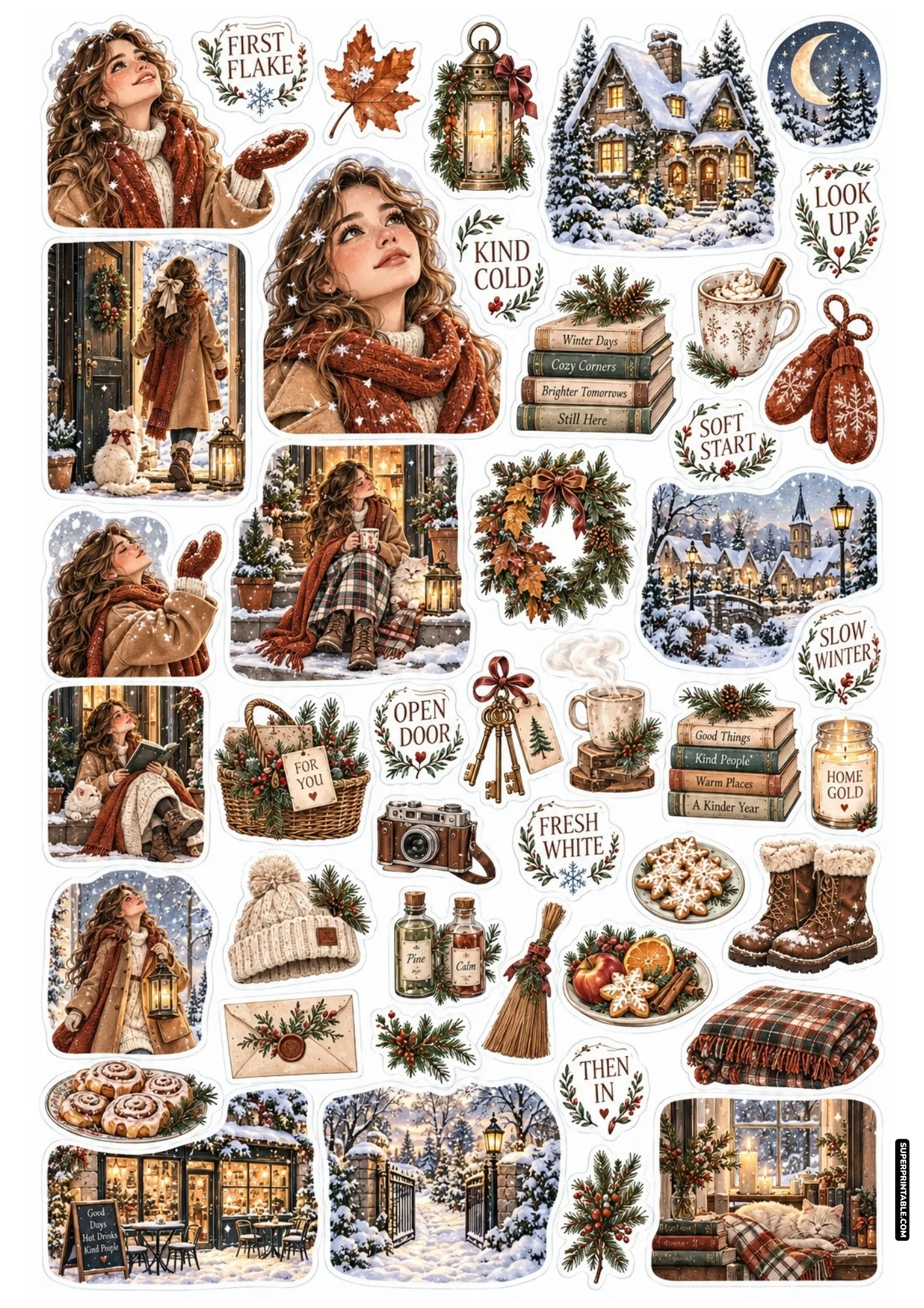 First snowfall stickers depicting decorated winter porches, pinecone wreaths, and cozy winter outerwear.