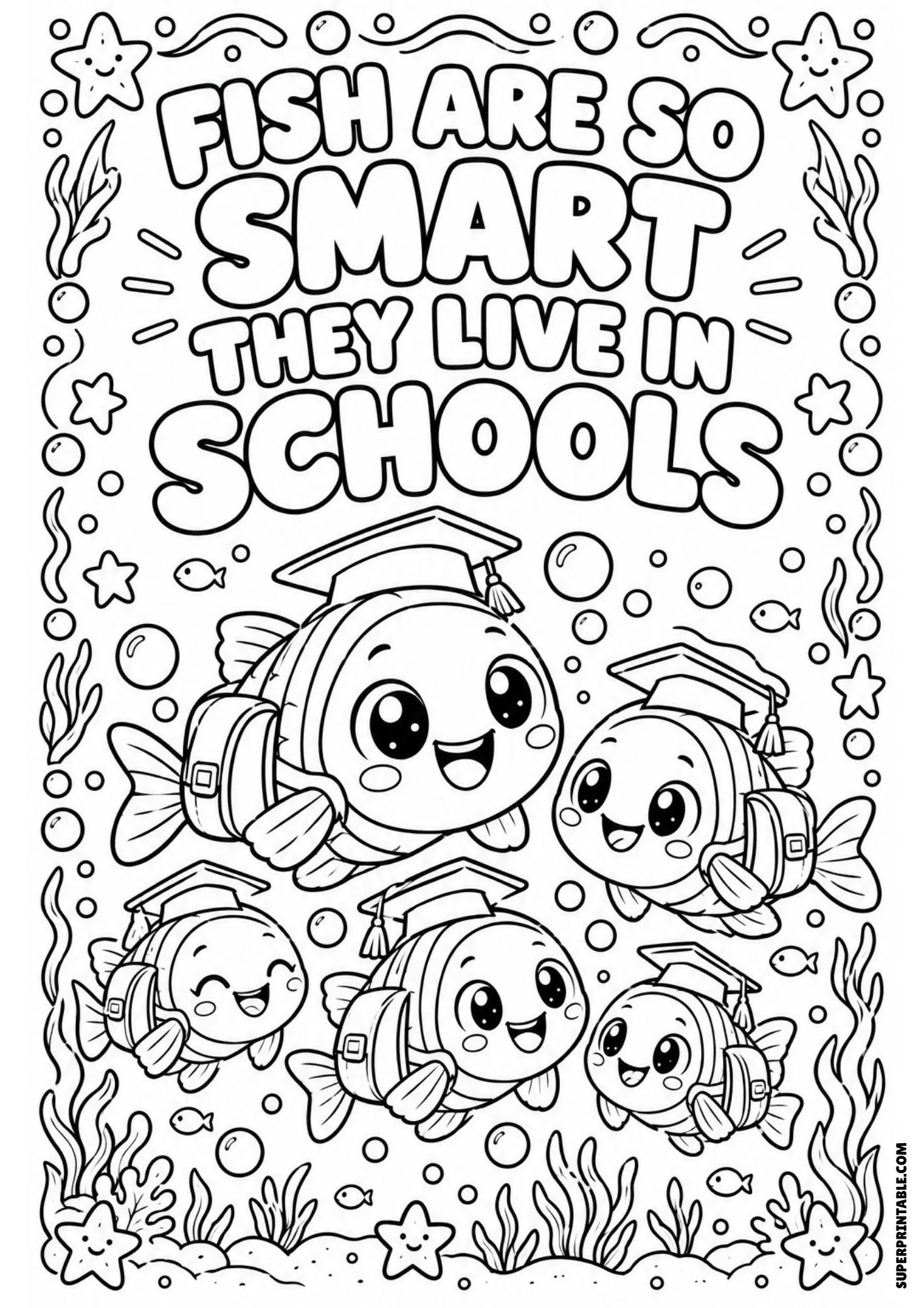 funny jokes and riddles coloring pages with cute graduation cap fish swimming underwater