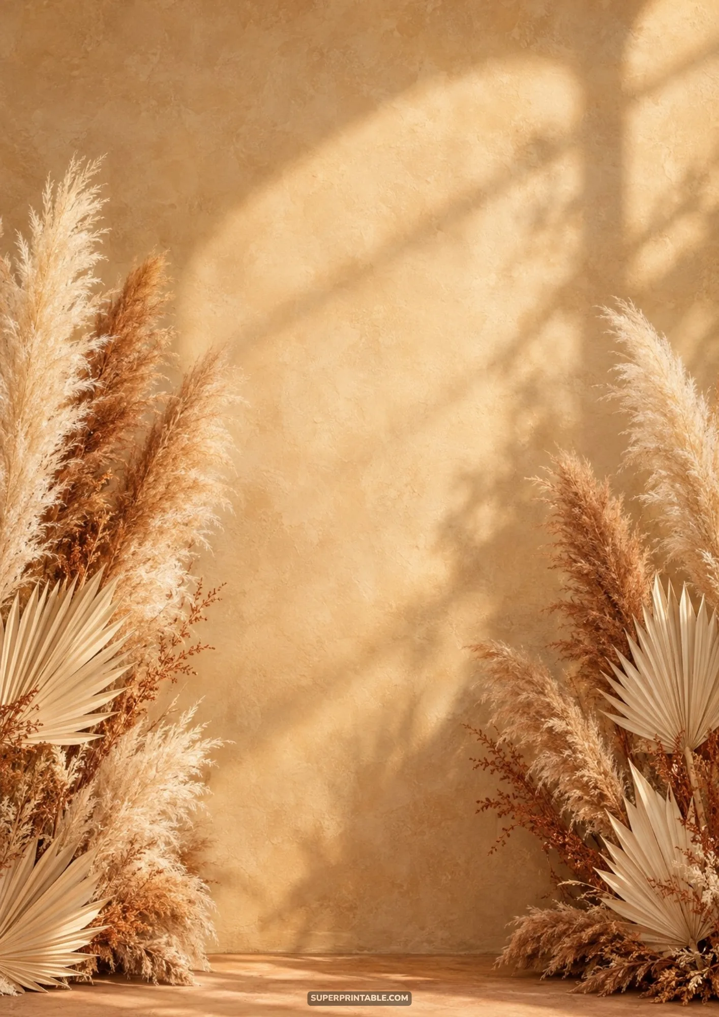 Symmetrical pampas grass and folded palm fan arrangements framing warm beige wall with window shadows.