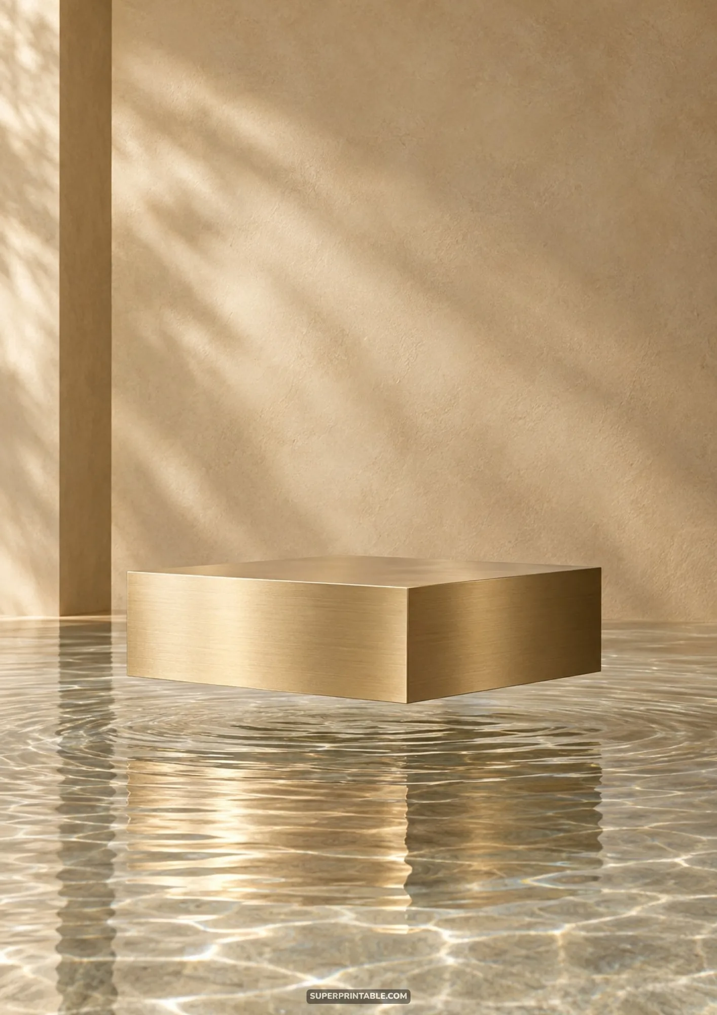 Brushed brass square plinth floating gracefully over calm rippling reflective water under warm sunlight