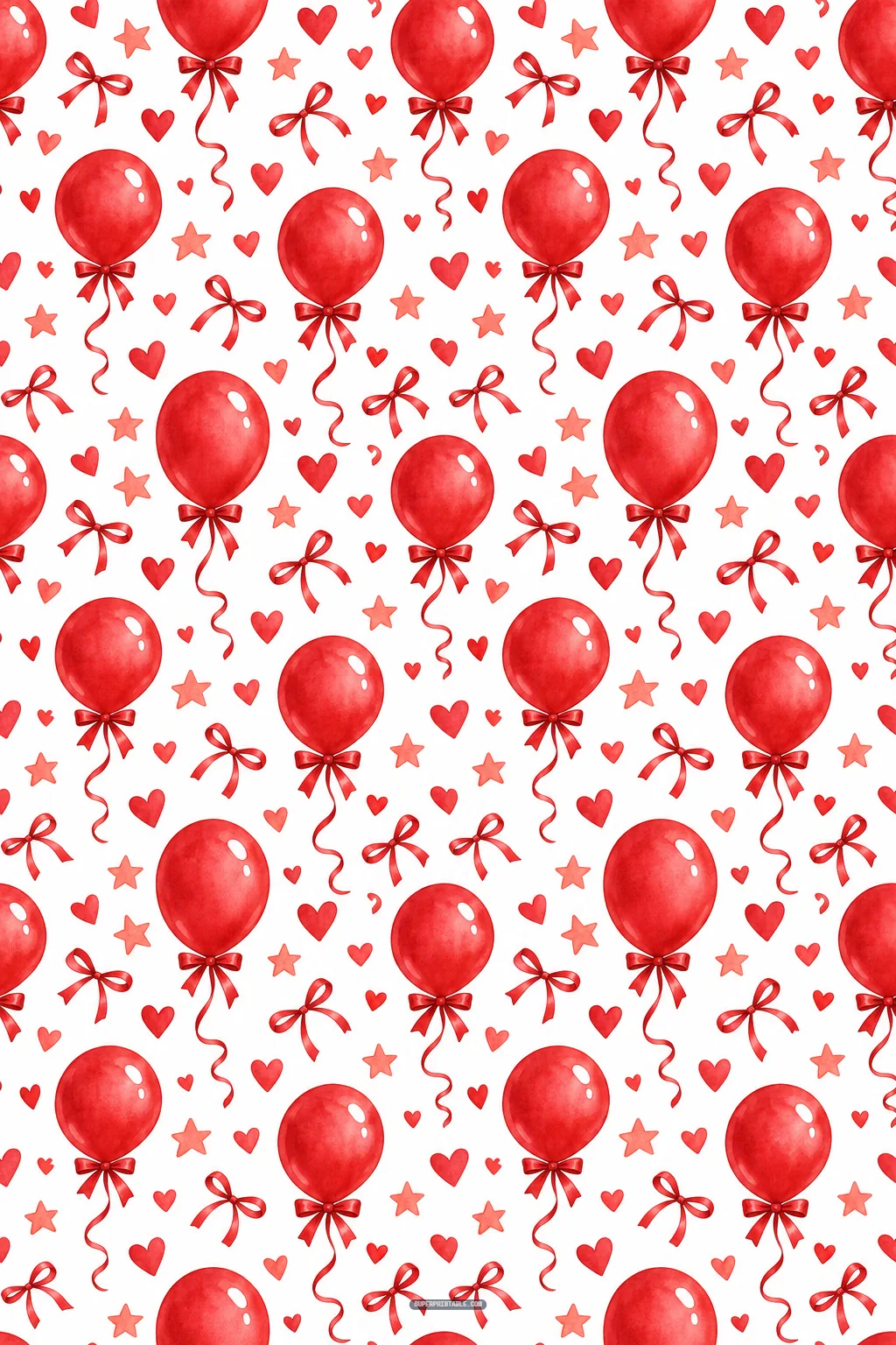 Glossy red balloons tied with curly ribbon bows amid floating hearts and stars