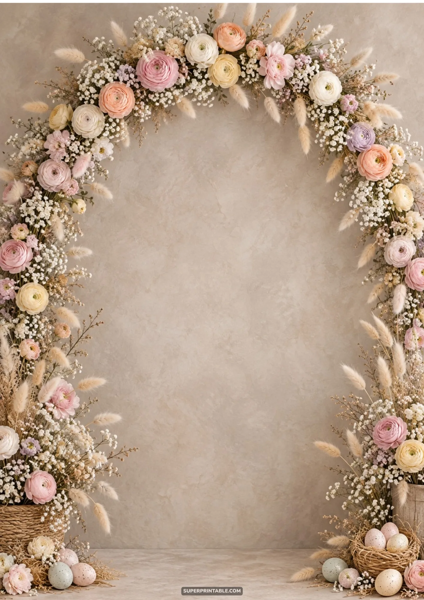 Grand floral and dried grass arch with speckled eggs in twig nests on studio floor
