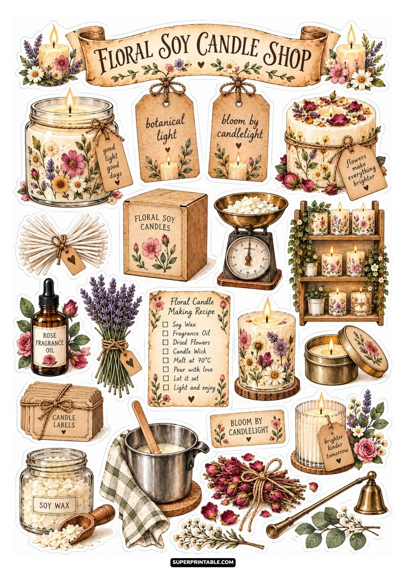 Floral soy candle shop sticker sheet with dried flower embedded candles, rose oil bottle, and rustic shop shelf.