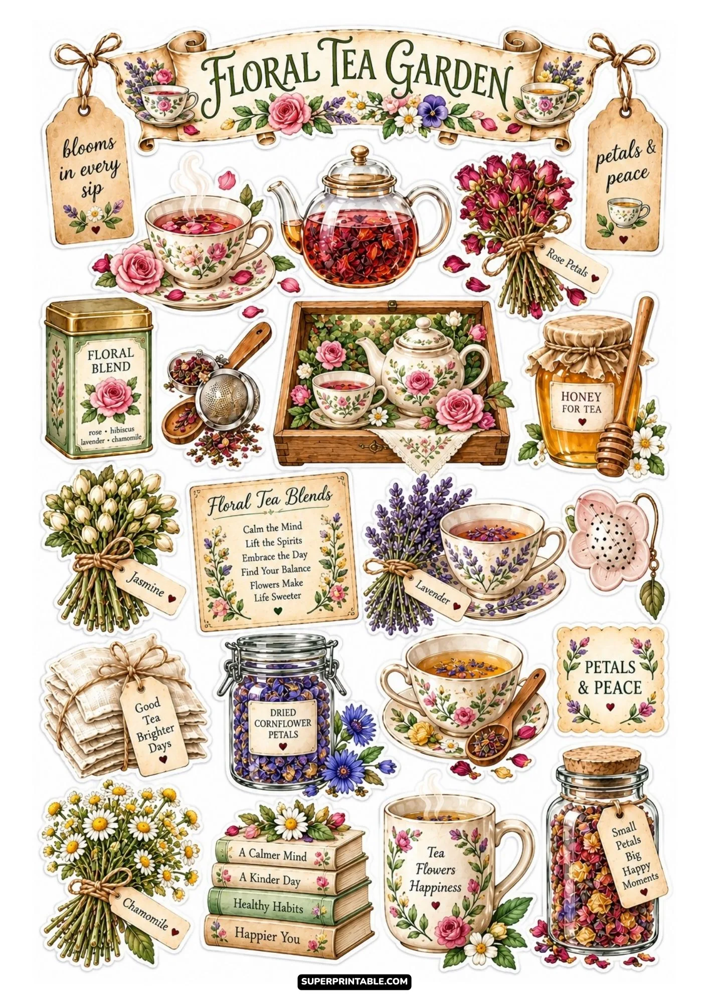 Floral tea garden sticker sheet with chamomile bouquets, rose petals, lavender bundles, and botanical teacups.