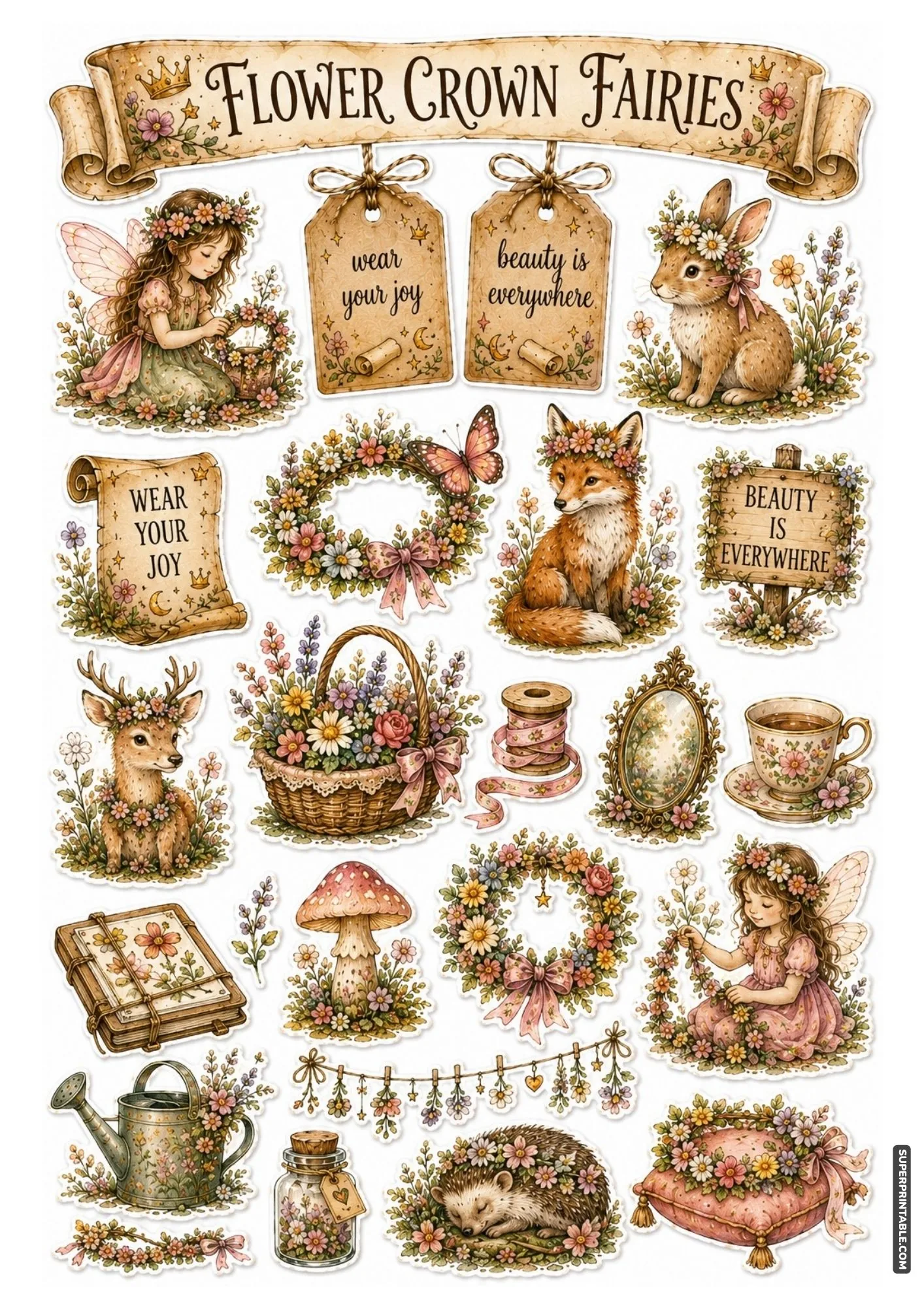 Delicate flower crown fairy stickers decorated with soft floral wreaths and ribbons.