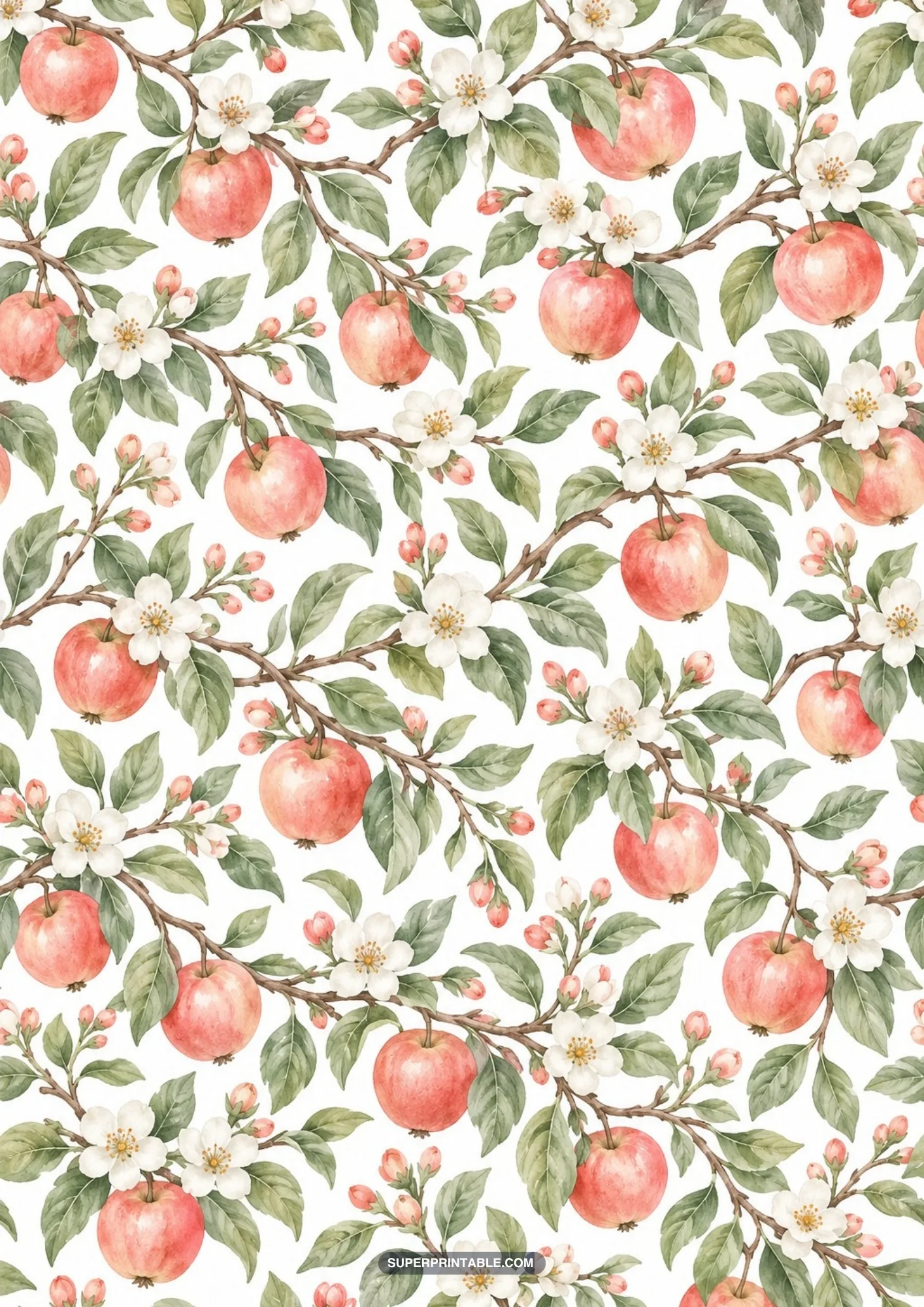 Intricate botanical tree branches laden with blooming blossoms and heavy red apples