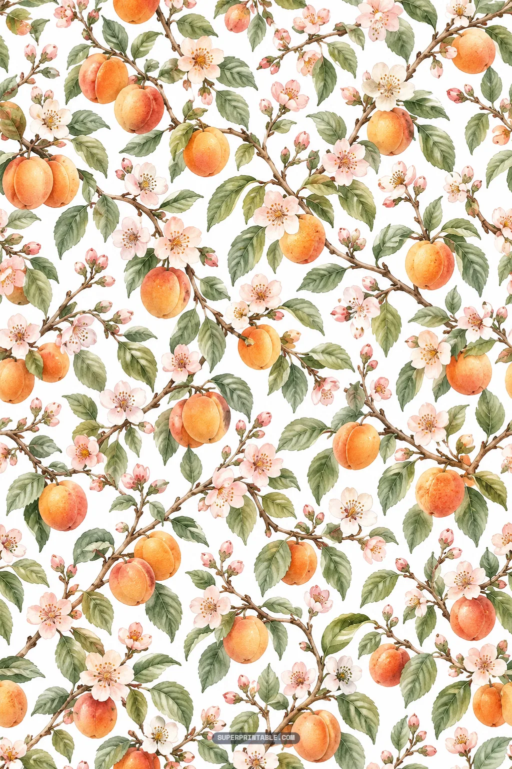 Intertwined botanical orchard branches bearing ripe golden apricots and delicate flowers.