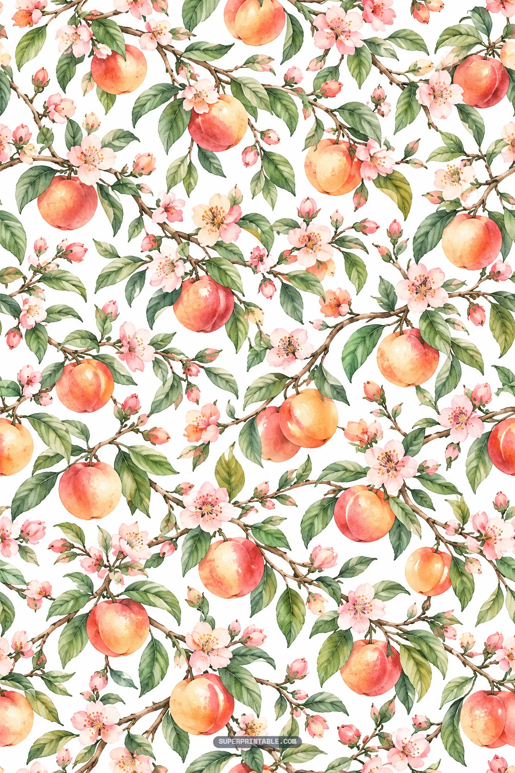 Intricate watercolor branches loaded with ripe nectarines, blooming pink flowers, and foliage.