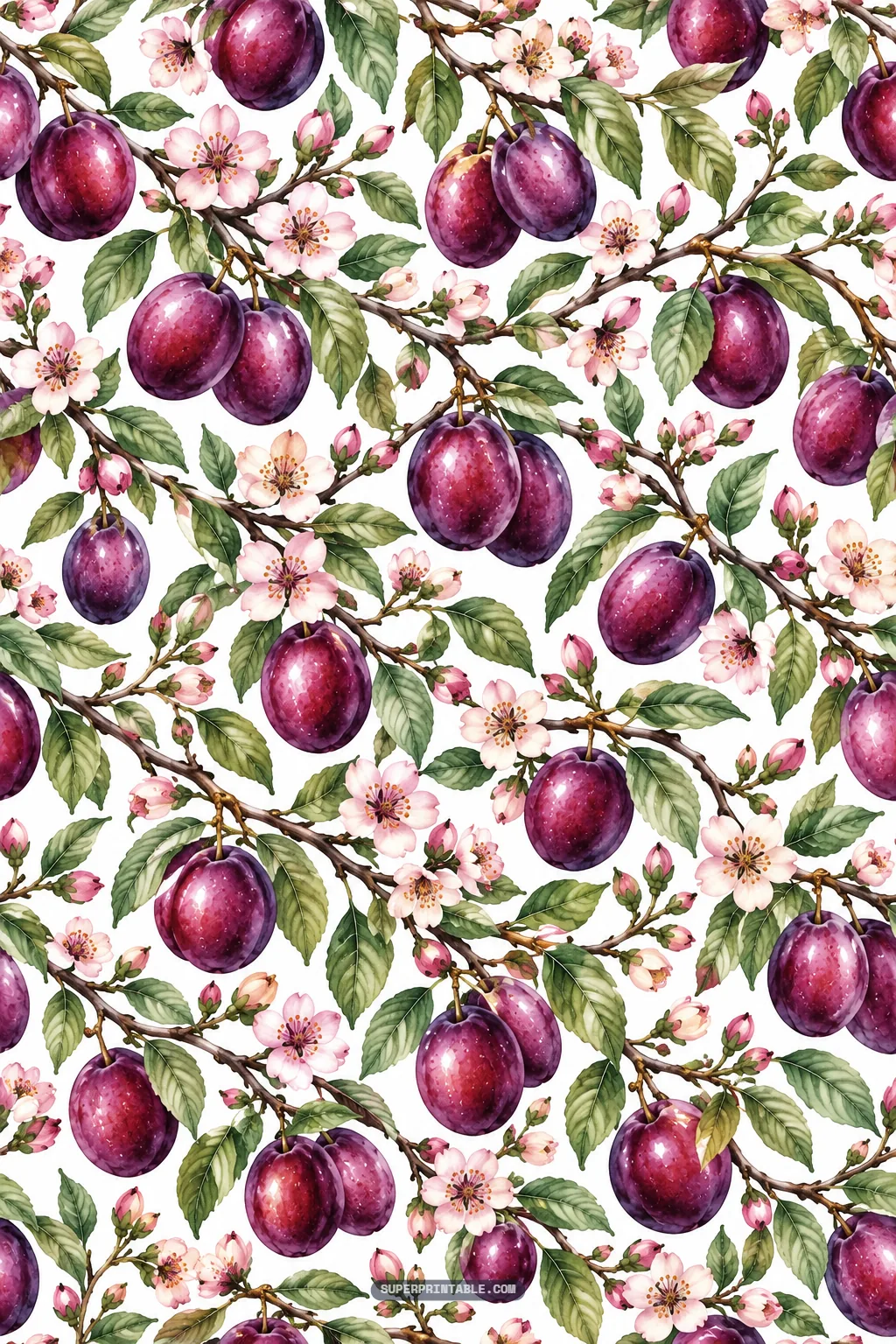 Plum orchard digital papers design showing twisting leafy boughs with ripe hanging fruit