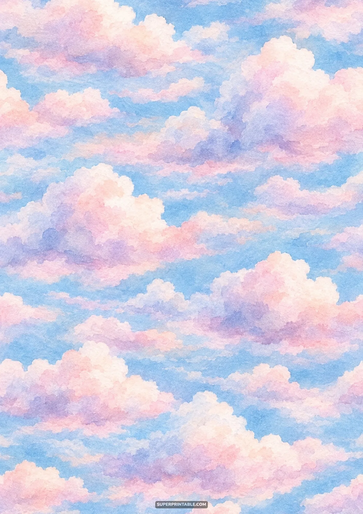 Repeating watercolor pattern of cheerful blue skies with fluffy pink and white clouds