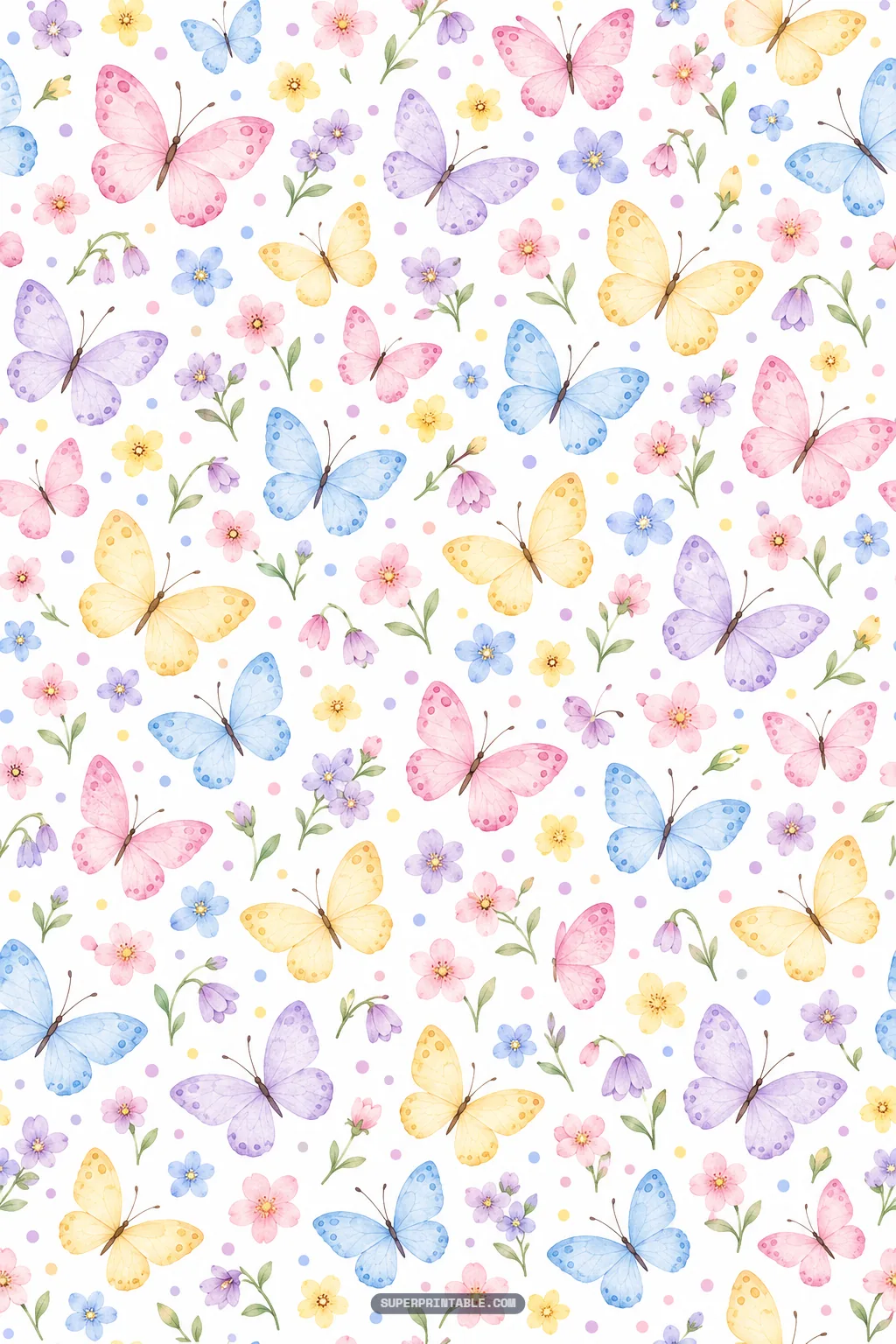 Whimsical watercolor butterflies in pink yellow blue and lavender flying with pastel polka dots and wildflowers
