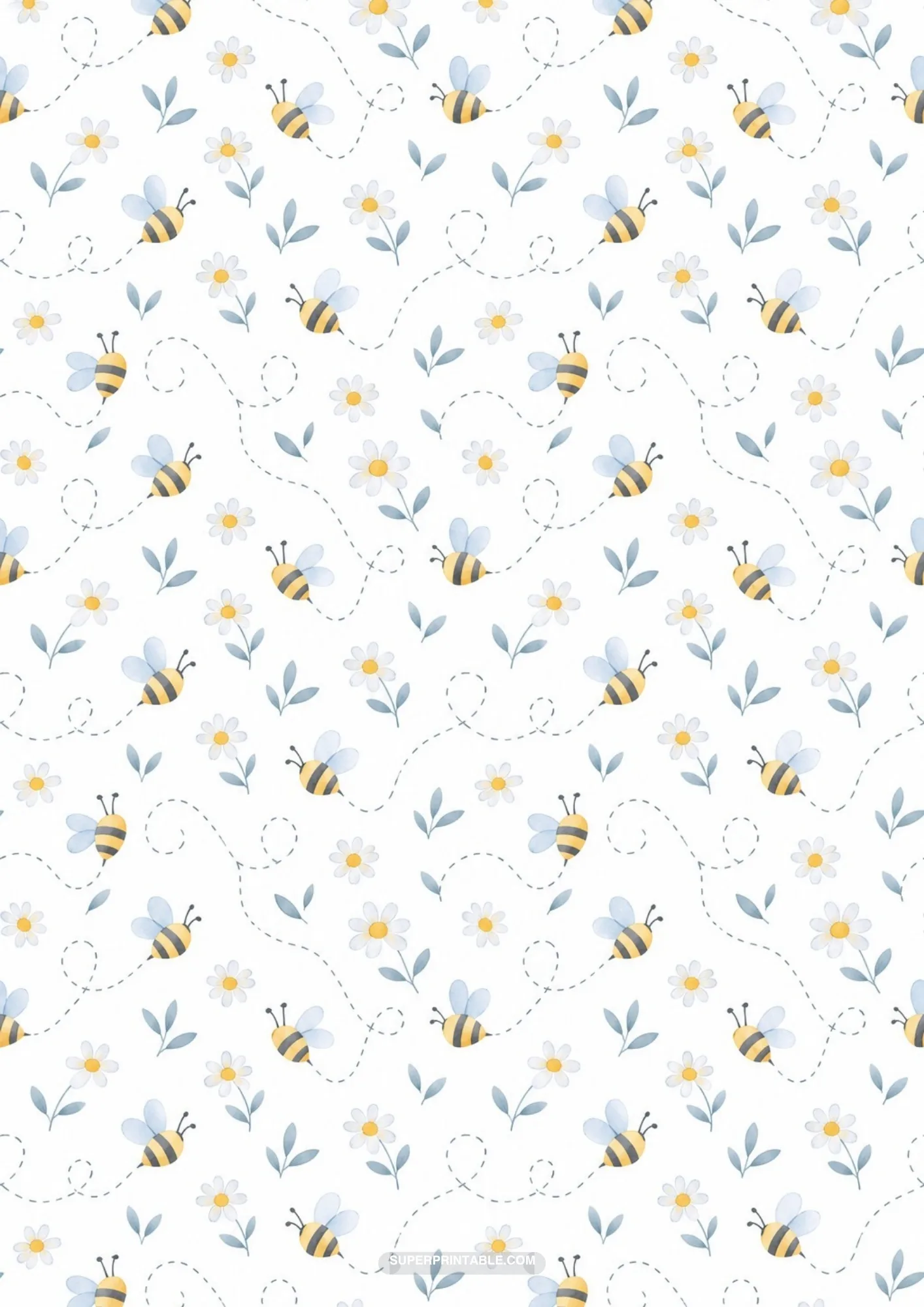 Whimsical bees flying along dashed loop flight trails among white daisy flowers