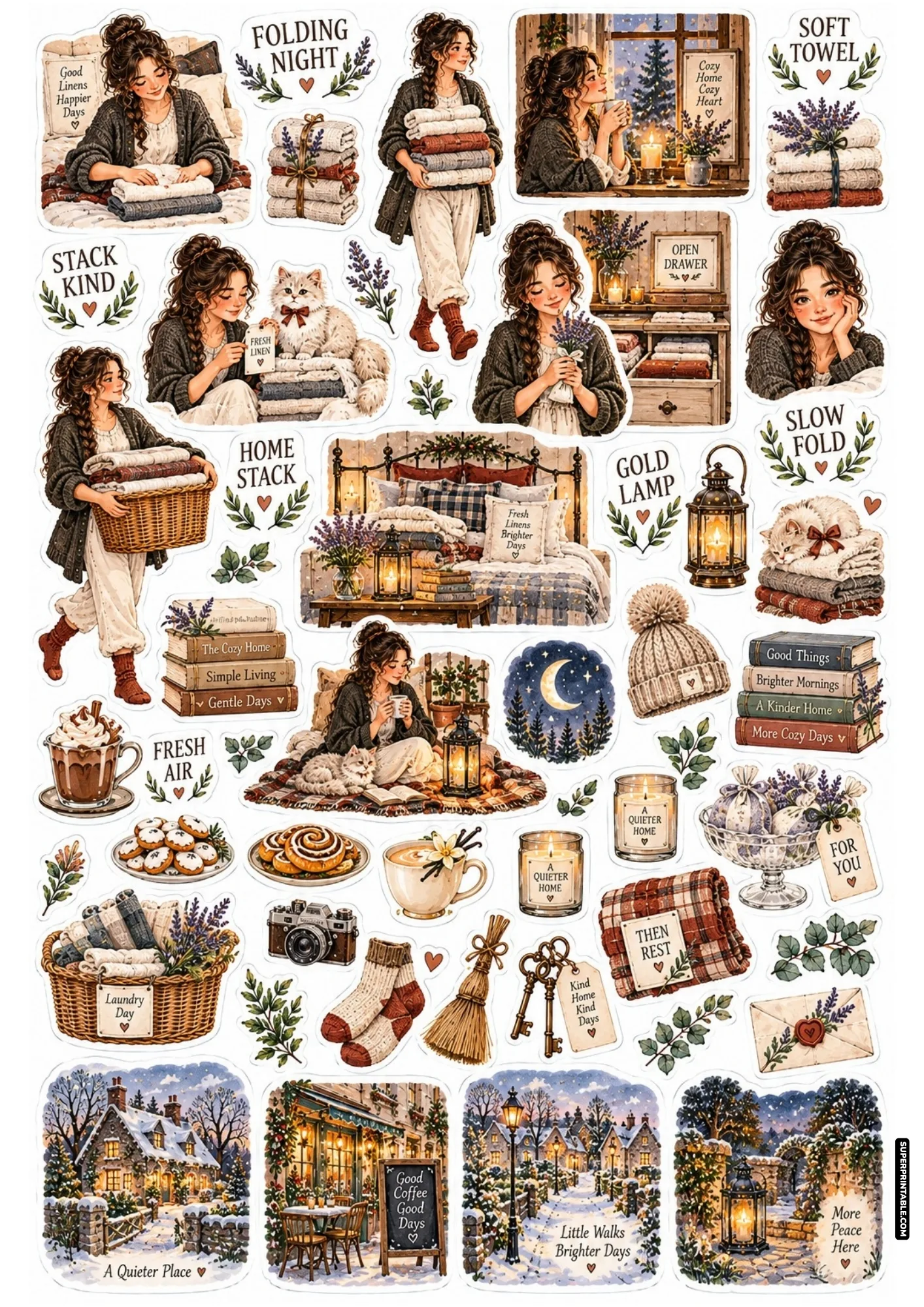 Cozy evening linen folding stickers featuring warm bedroom scenes, stacked blankets, and lantern glow