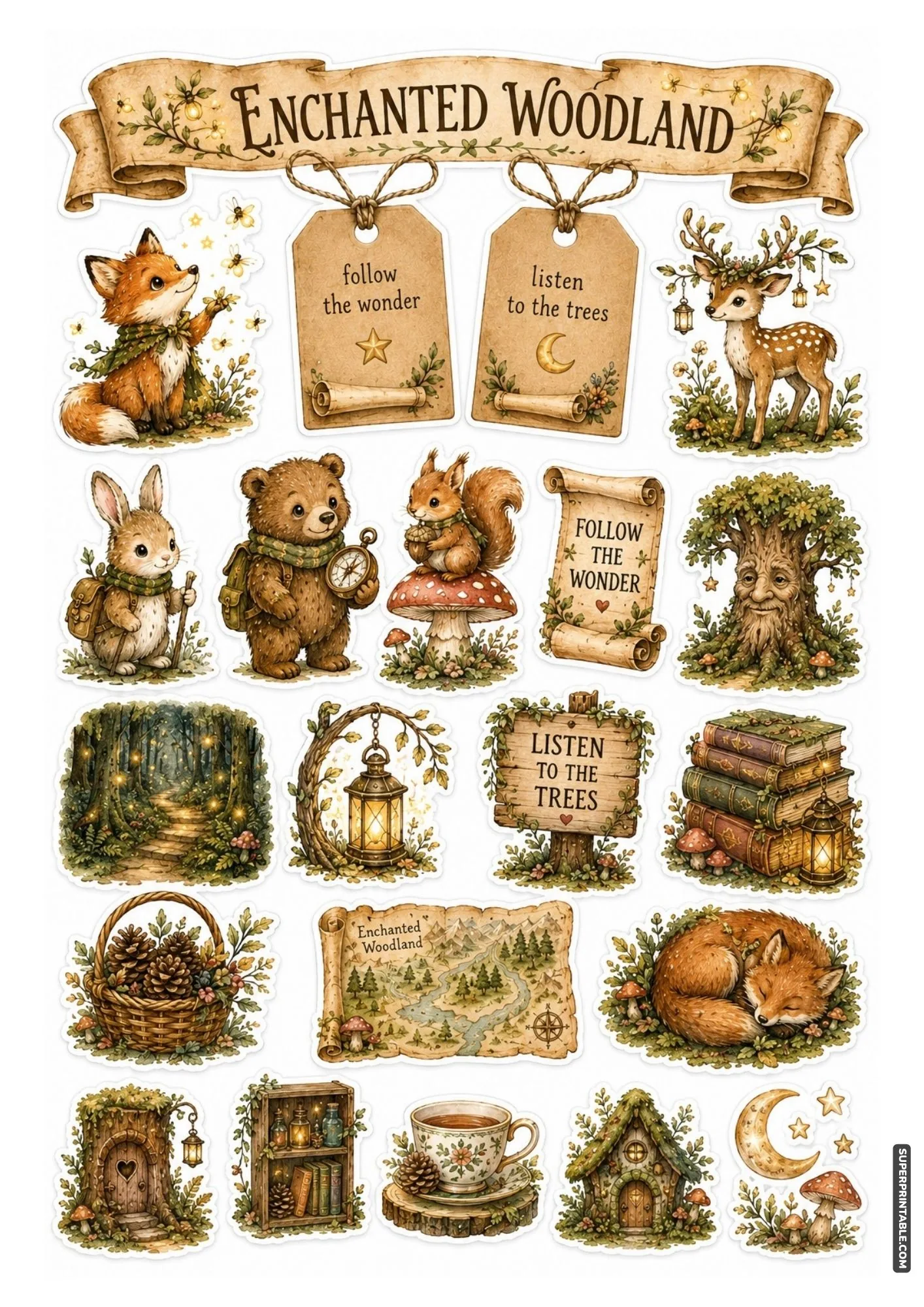 Whimsical forest animal stickers dressed as brave explorers with maps and campfires.