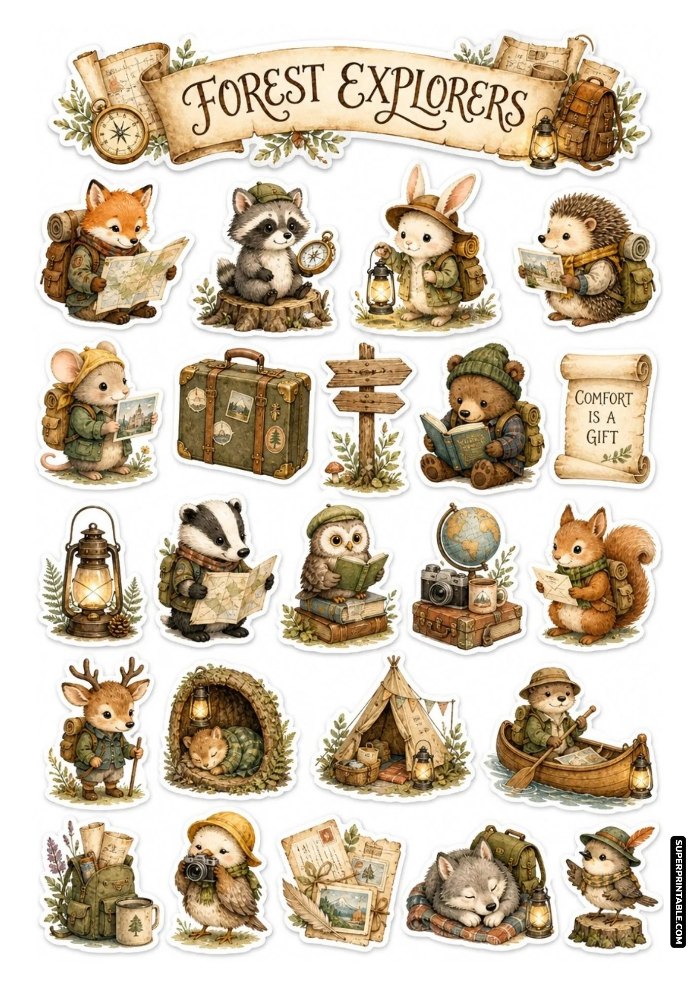 Forest explorers sticker sheet showing woodland animals hiking, canoeing, and camping