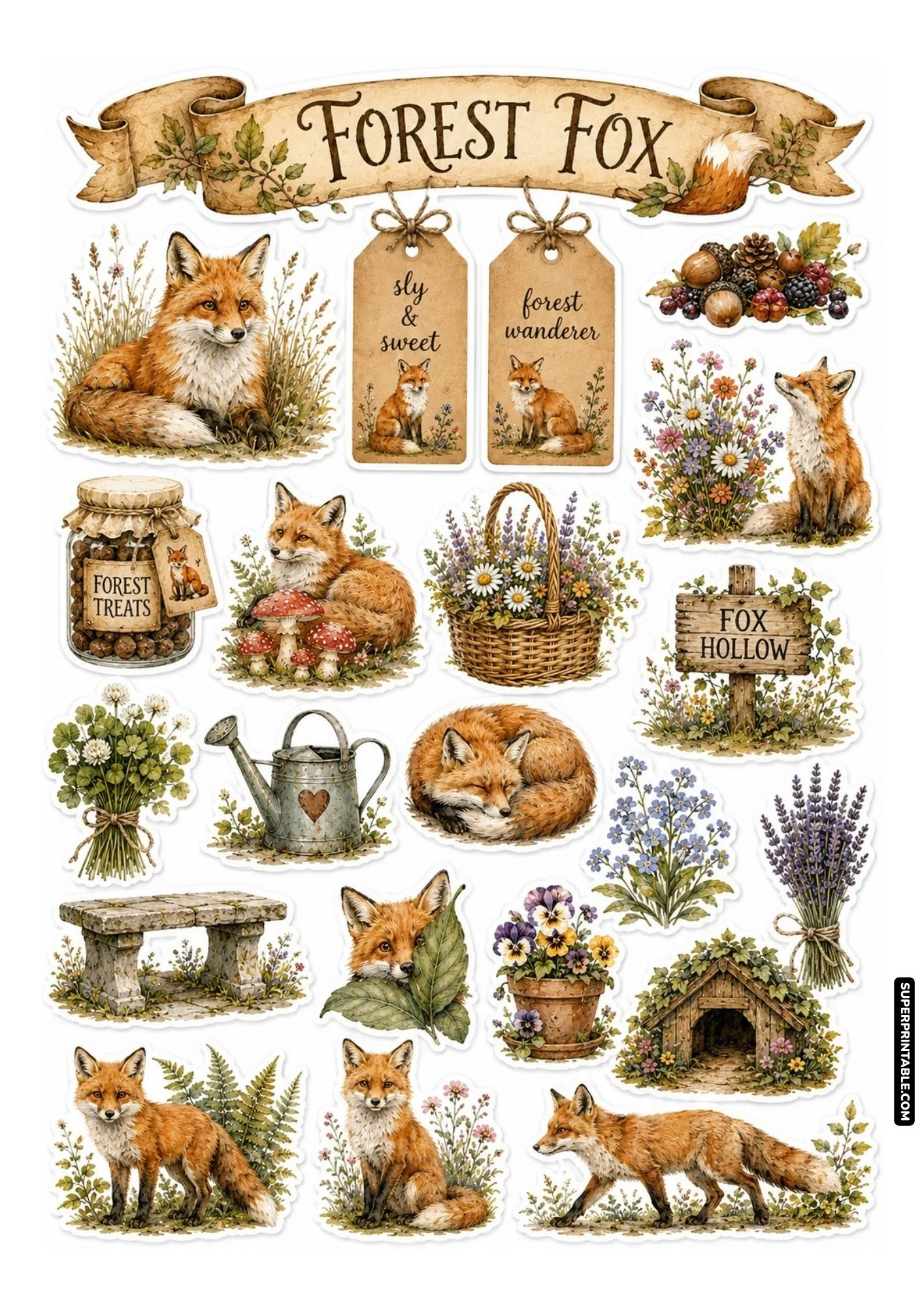 Realistic forest fox sticker designs with detailed woodland wildlife, wild berries, pinecones, and wooden signs.