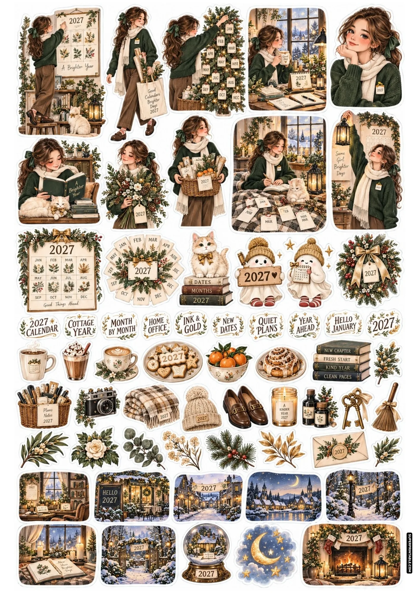 Cottagecore sticker sheet featuring a girl in a forest green sweater arranging 2027 calendar tags.