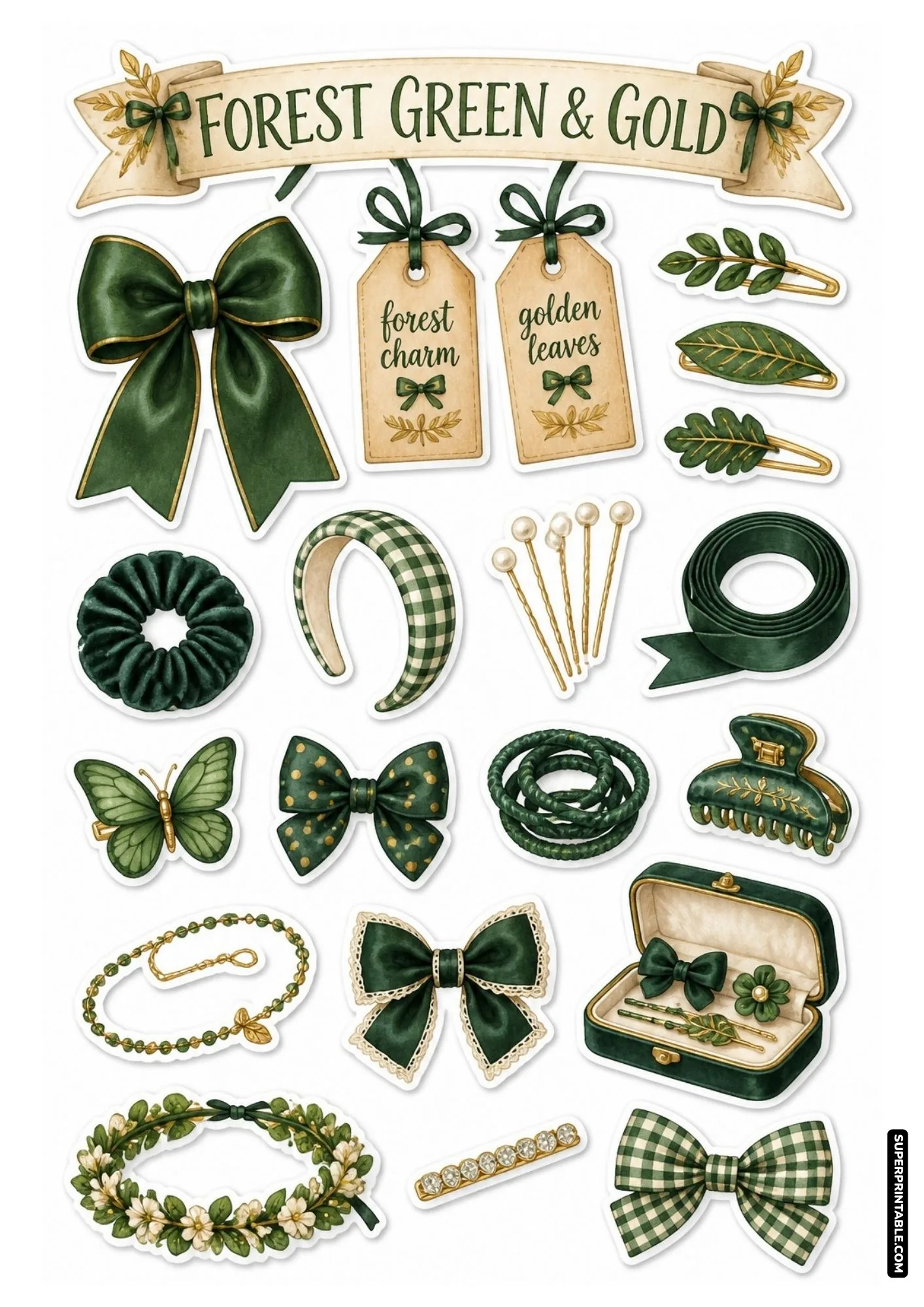 Forest green aesthetic stickers with dark green bows, gold leaf clips, and floral tiara.