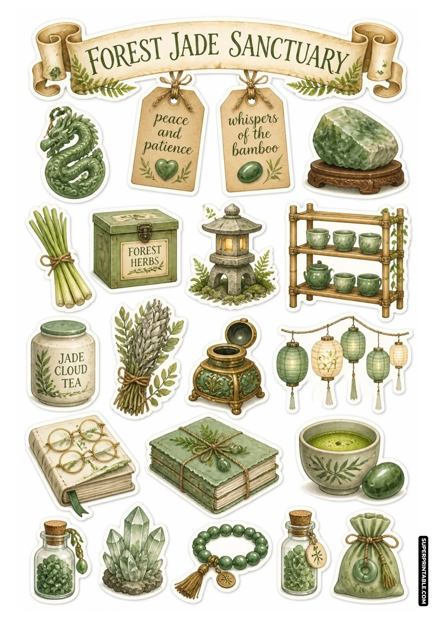 Carved green jade dragon, stone lantern, bamboo tea shelf, and raw jade mineral sticker sheet.