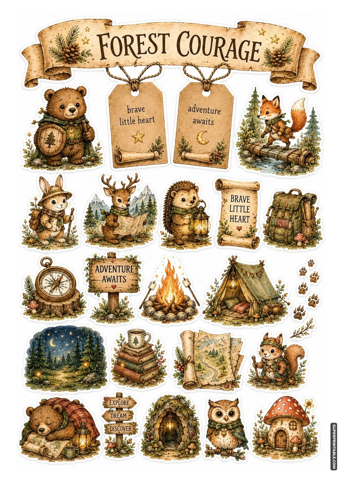 Charming woodland animal stickers reading books and writing story scrolls in the woods.
