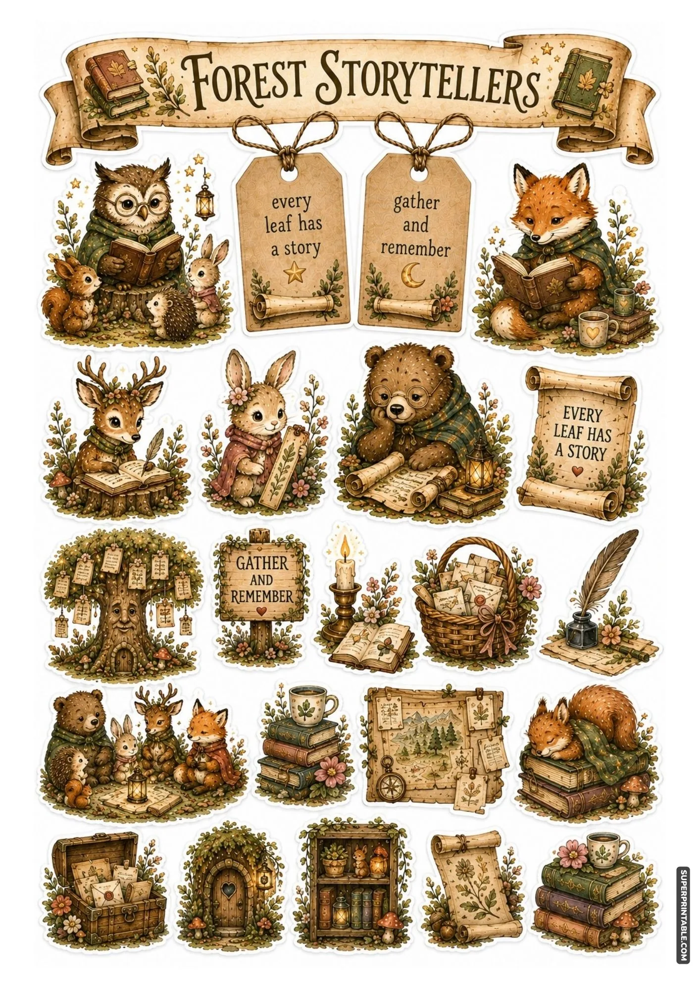 Sweet woodland animal stickers sharing tea, cakes, and treats at a forest tea party.