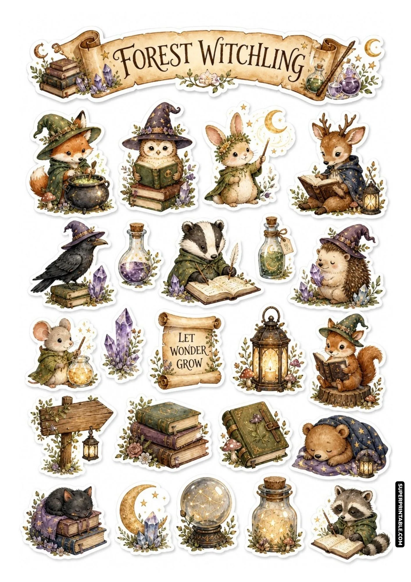 Forest witchling sticker sheet with woodland magic creatures, botanical spellbooks, crystal jars, and cozy forest signposts.