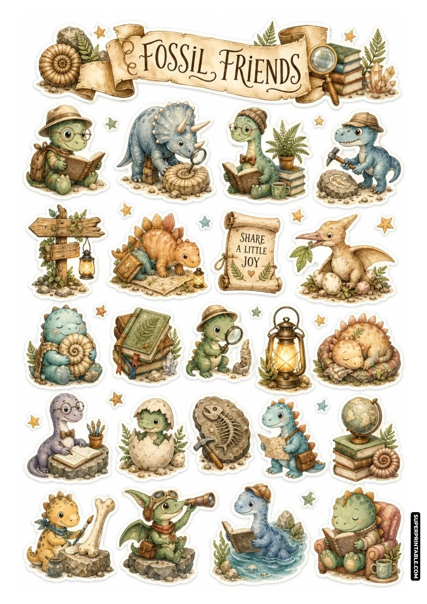 Fossil friends sticker sheet with cute dinosaurs excavating bones using hammers and spyglasses.