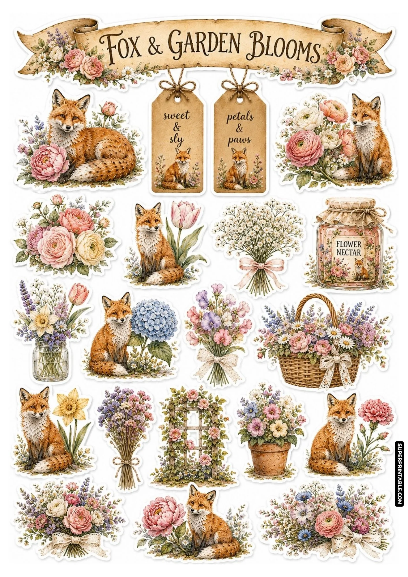 Elegant fox and botanical floral stickers displaying pink peonies, garden blossoms, and flower baskets.