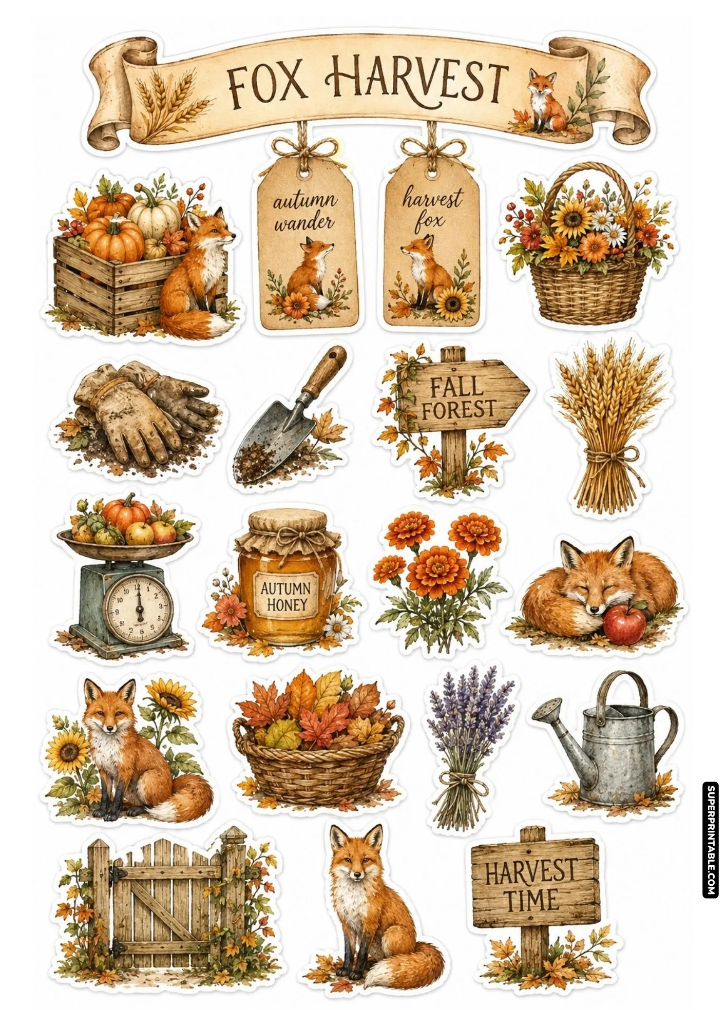 Autumn harvest fox stickers showcasing red foxes with pumpkins, fall leaves, sunflowers, and honey jars.
