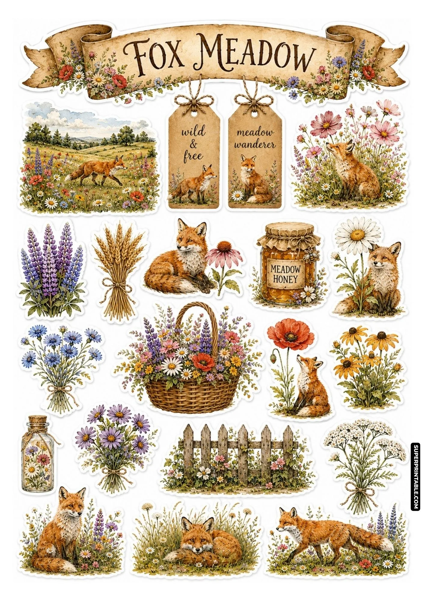 Wildflower meadow fox sticker collection showing bright daisies, purple lupines, and red poppies in nature.