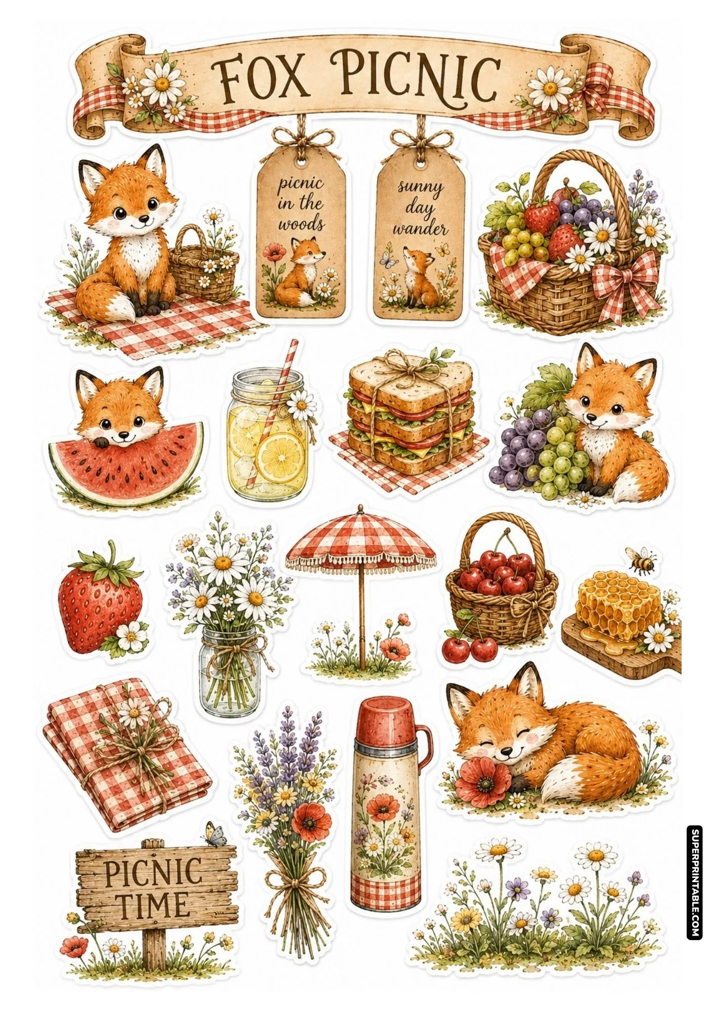 Whimsical summer fox picnic stickers with red gingham blankets, fruit baskets, sandwiches, and lemonade.