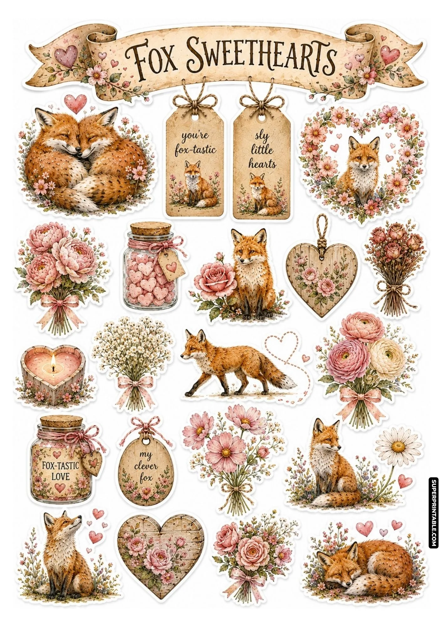 Romantic fox sweethearts sticker sheet featuring cuddling foxes, heart-shaped flower wreaths, and love notes.