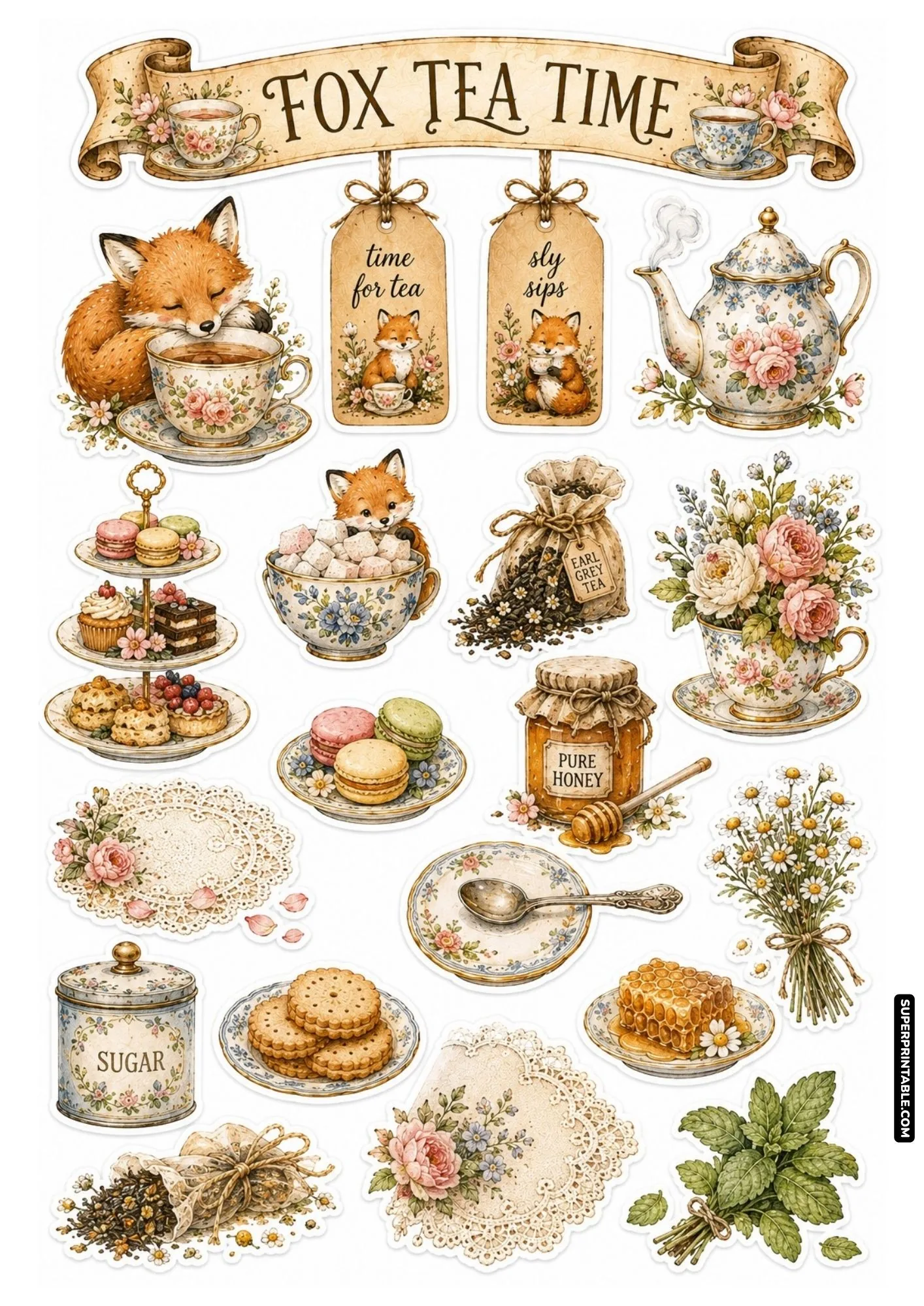 Cozy fox tea time stickers illustrating teacups, vintage teapots, macarons, honey jars, and lace doilies.