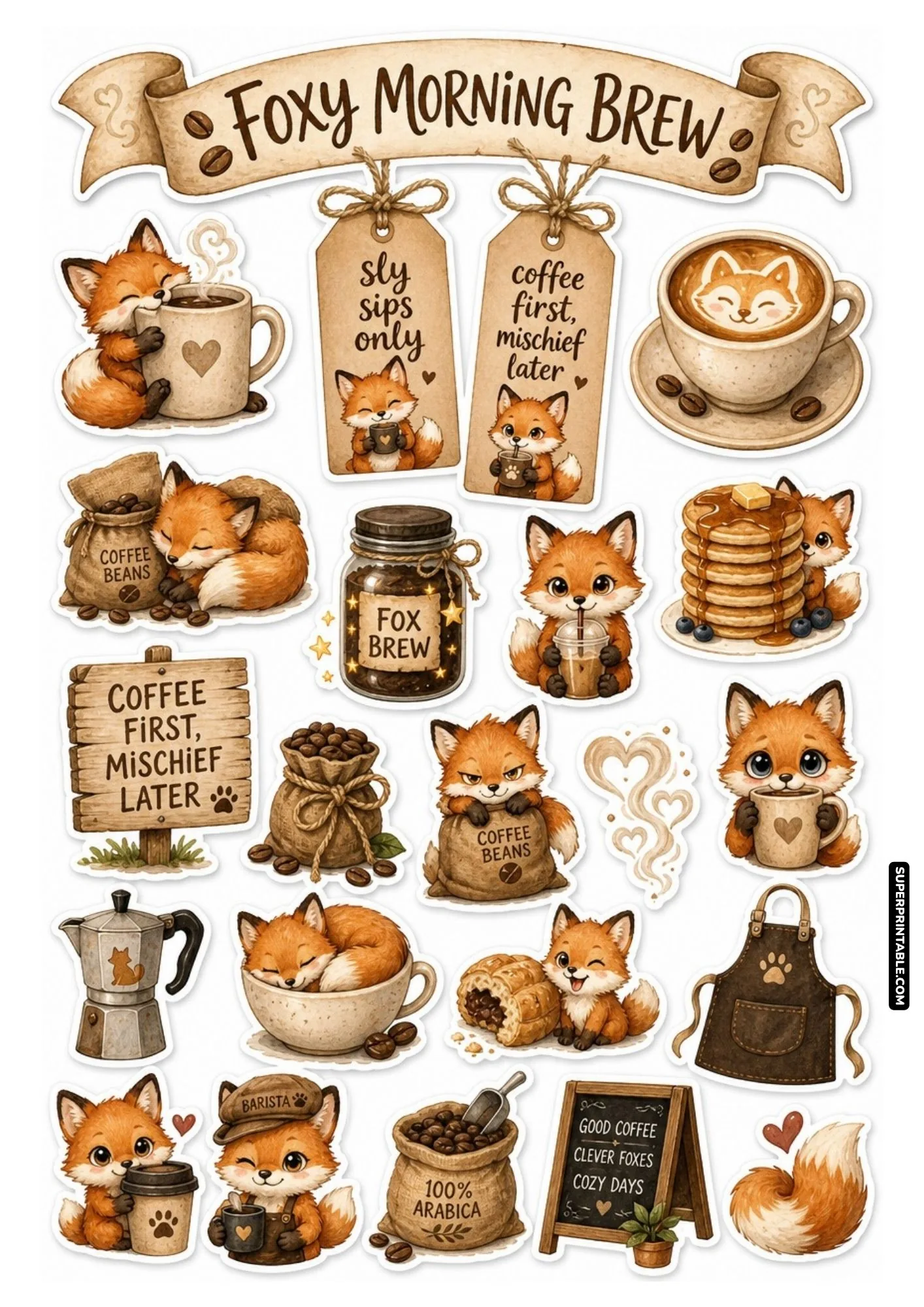 Charming fox illustrations sipping fresh morning brews alongside stacks of syrup pancakes.