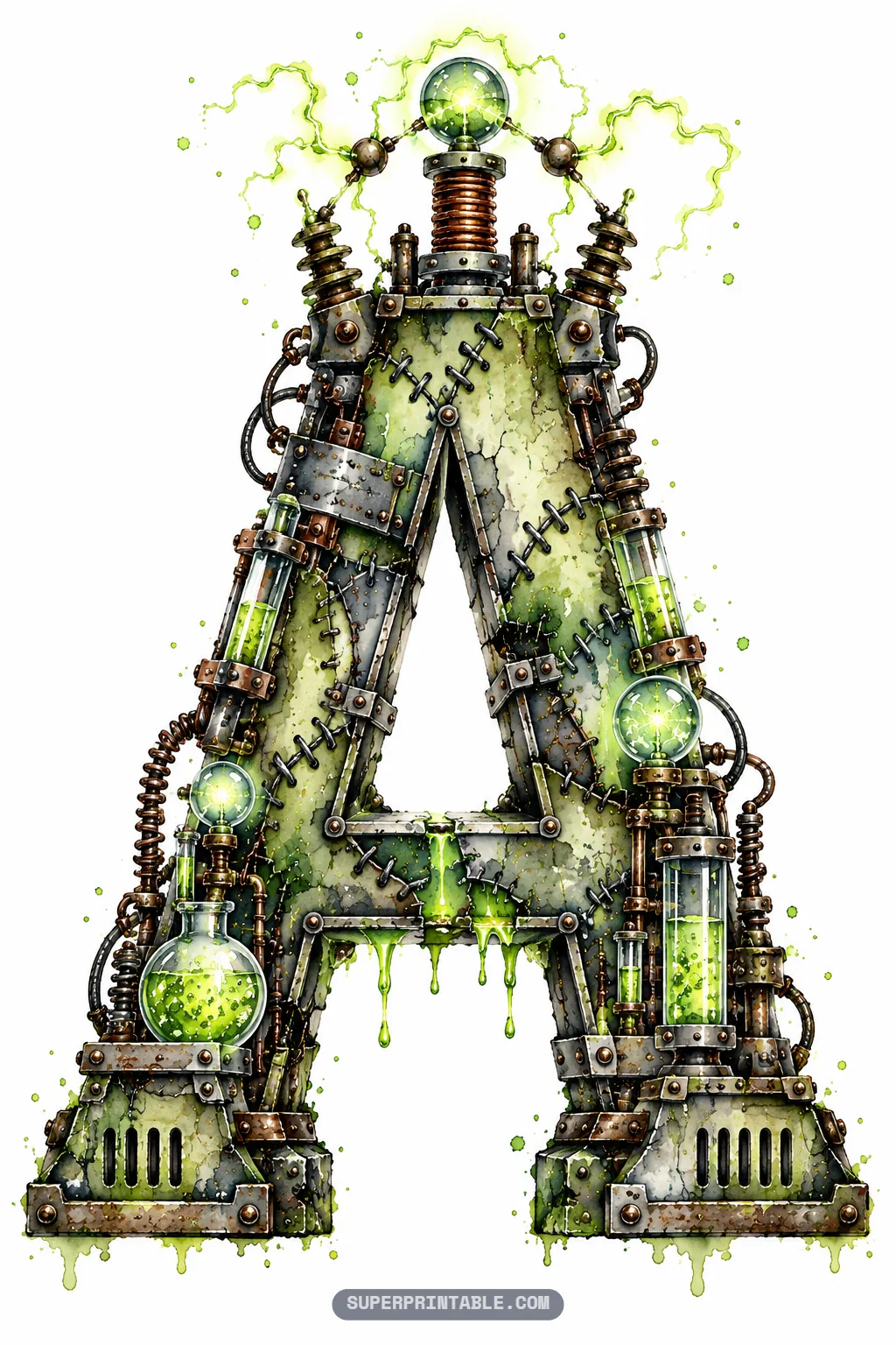 Letter A of the frankenstein lab alphabet with green potion cylinders, a plasma orb, and stitched base