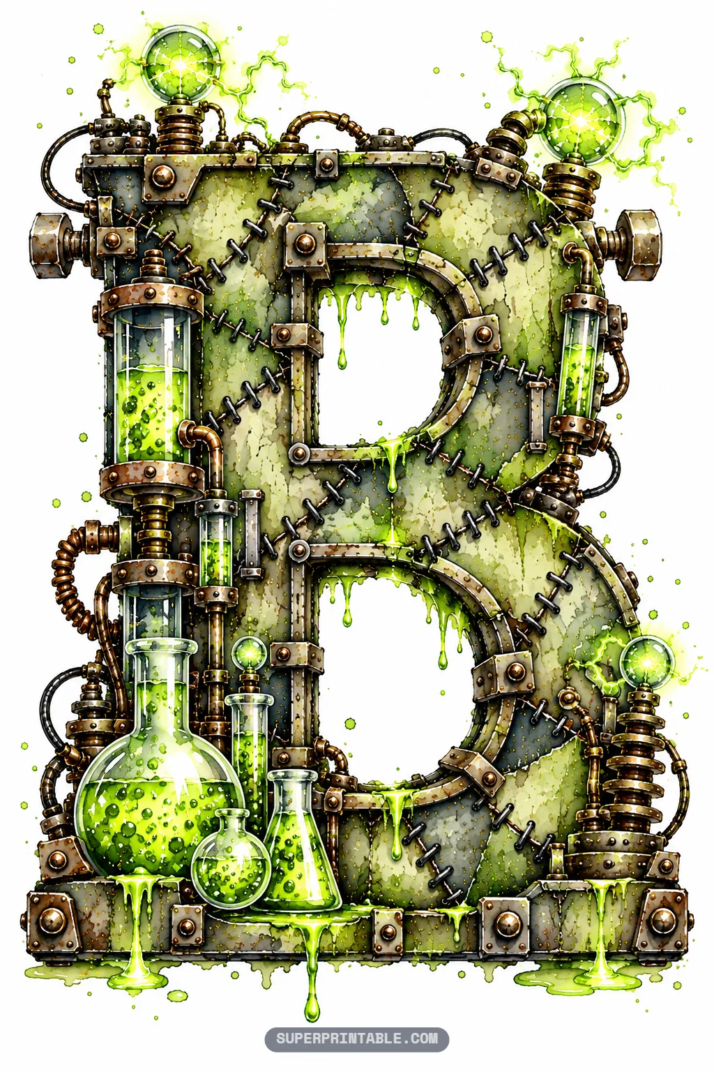Letter B of the frankenstein lab alphabet featuring bubbling glass beakers and dripping green toxic slime