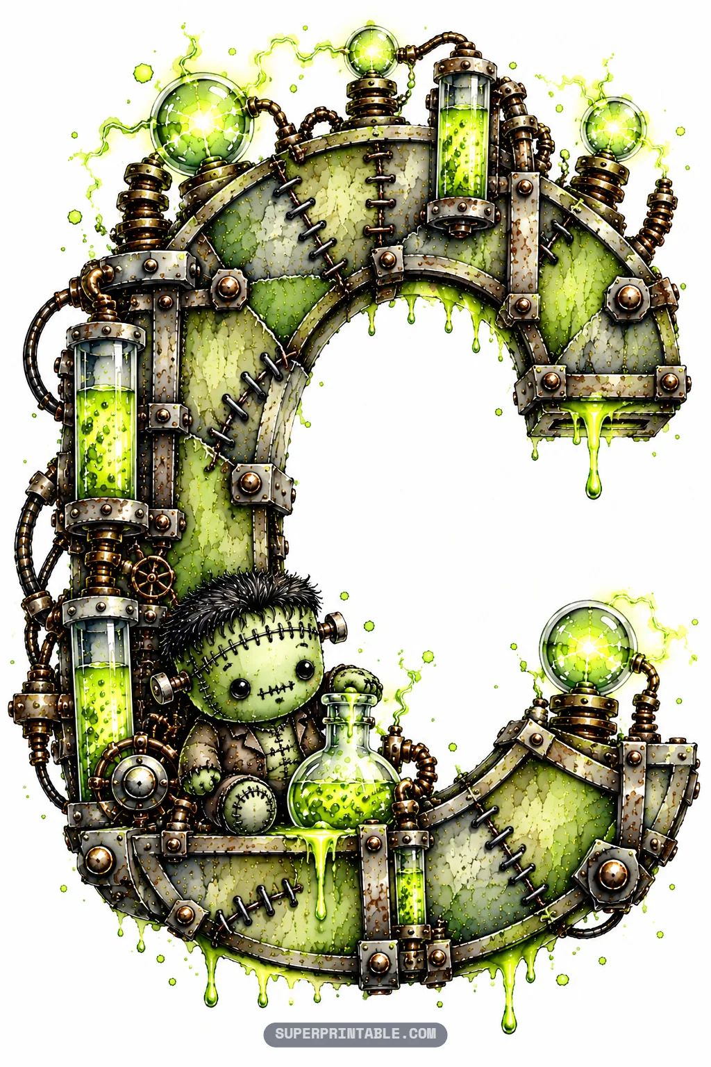 Patchwork monster letter C with glowing plasma globes and a miniature Frankenstein doll holding a potion flask