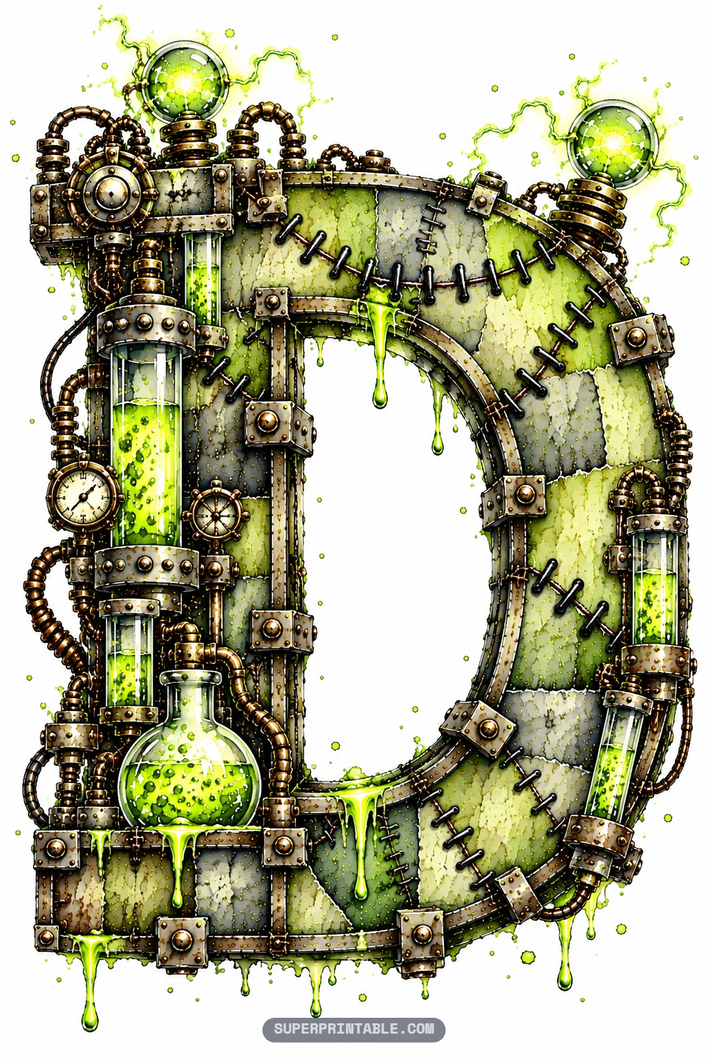 Letter D crafted with riveted metal plates, stitched green monster skin, a pressure gauge, and glowing plasma orbs