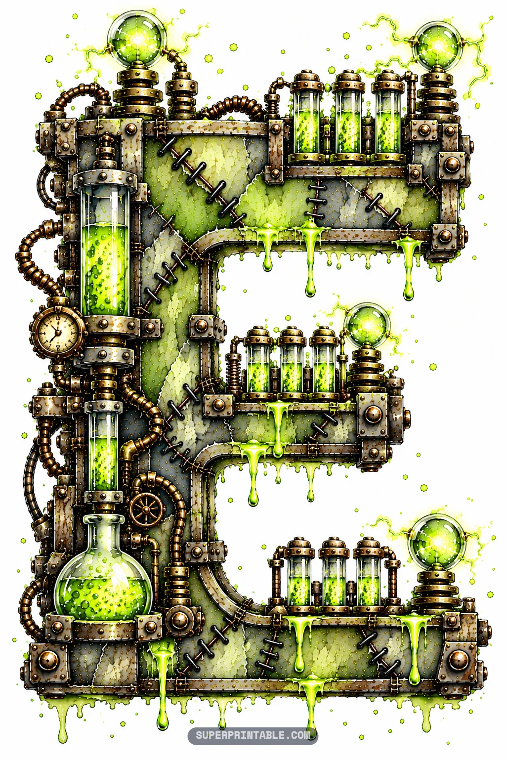 Steampunk monster letter E featuring rows of test tubes, glowing plasma spheres, and a boiling green flask