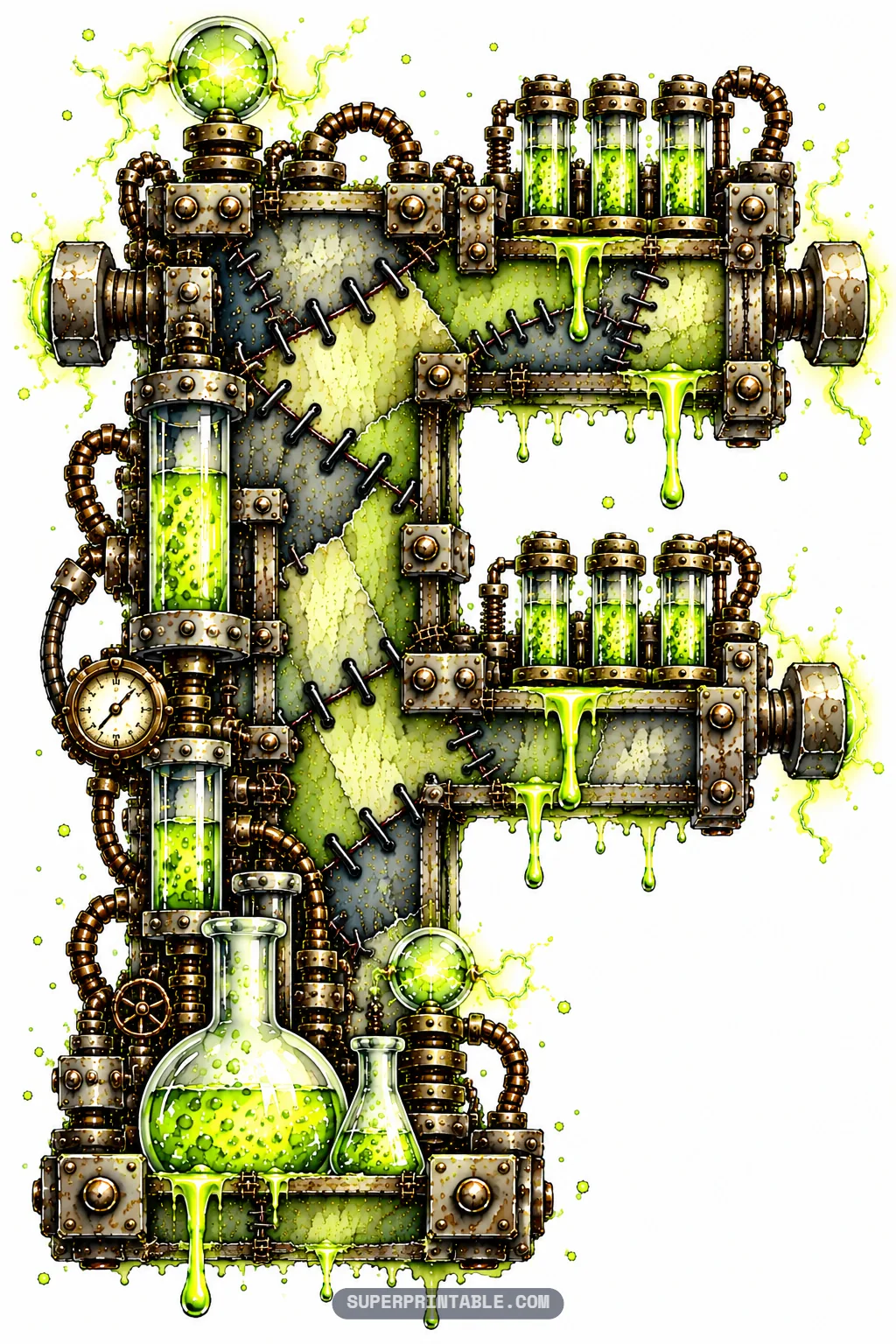 Stitched monster letter F equipped with bubbling chemical vials, an analog gauge, and a top plasma globe