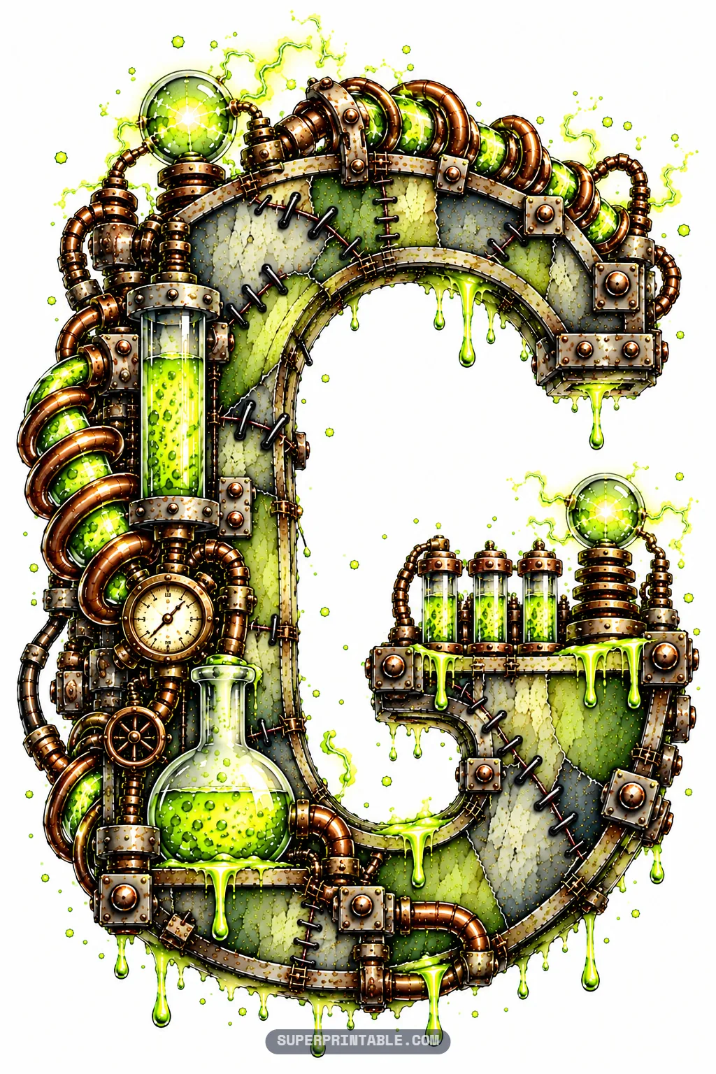 Letter G designed with coiled copper pipes, a bubbling green boiling flask, and glowing electrical plasma orbs