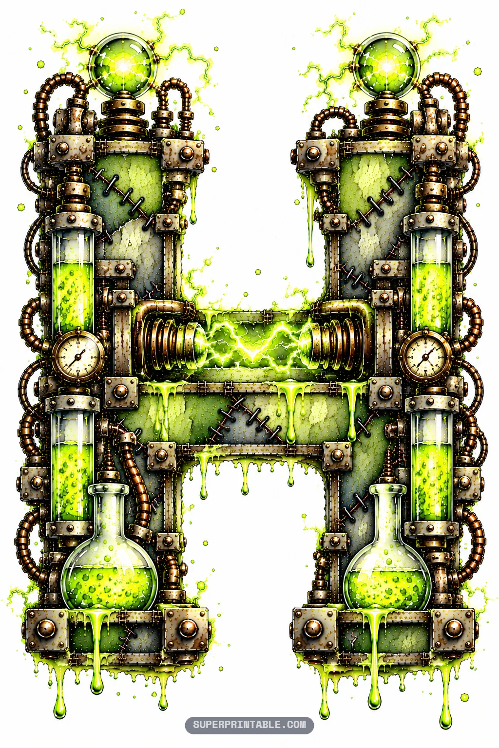 Letter H with twin plasma towers connected by an electric lightning arc across the central crossbeam